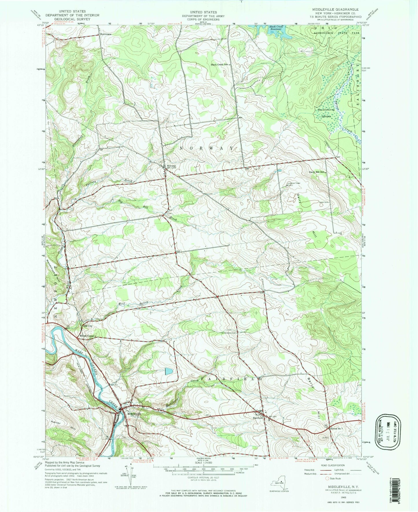 Classic USGS Middleville New York 7.5'x7.5' Topo Map Image