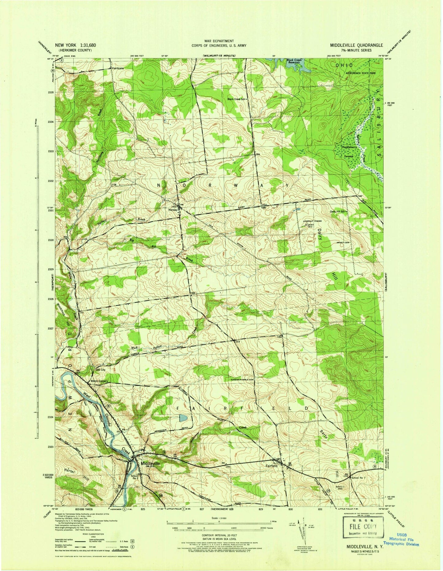 Classic USGS Middleville New York 7.5'x7.5' Topo Map Image