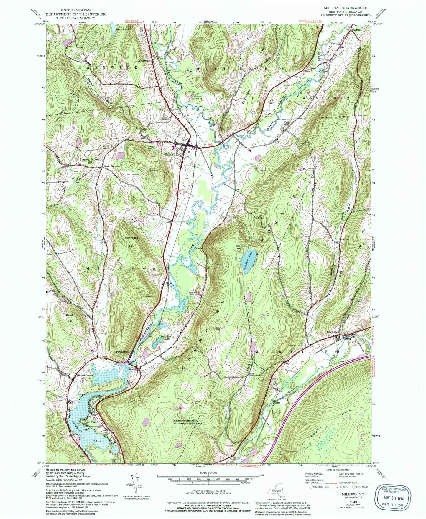 Classic USGS Milford New York 7.5'x7.5' Topo Map Image