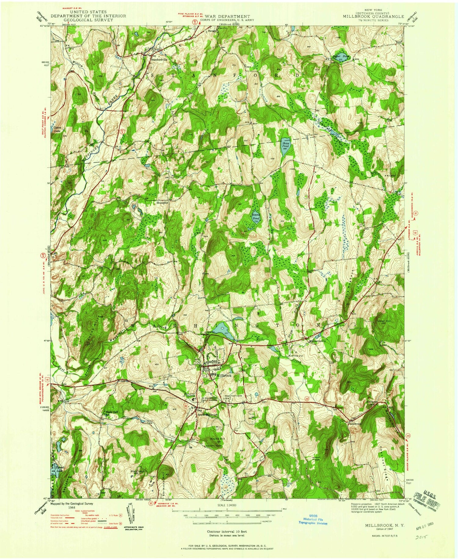 Classic USGS Millbrook New York 7.5'x7.5' Topo Map Image