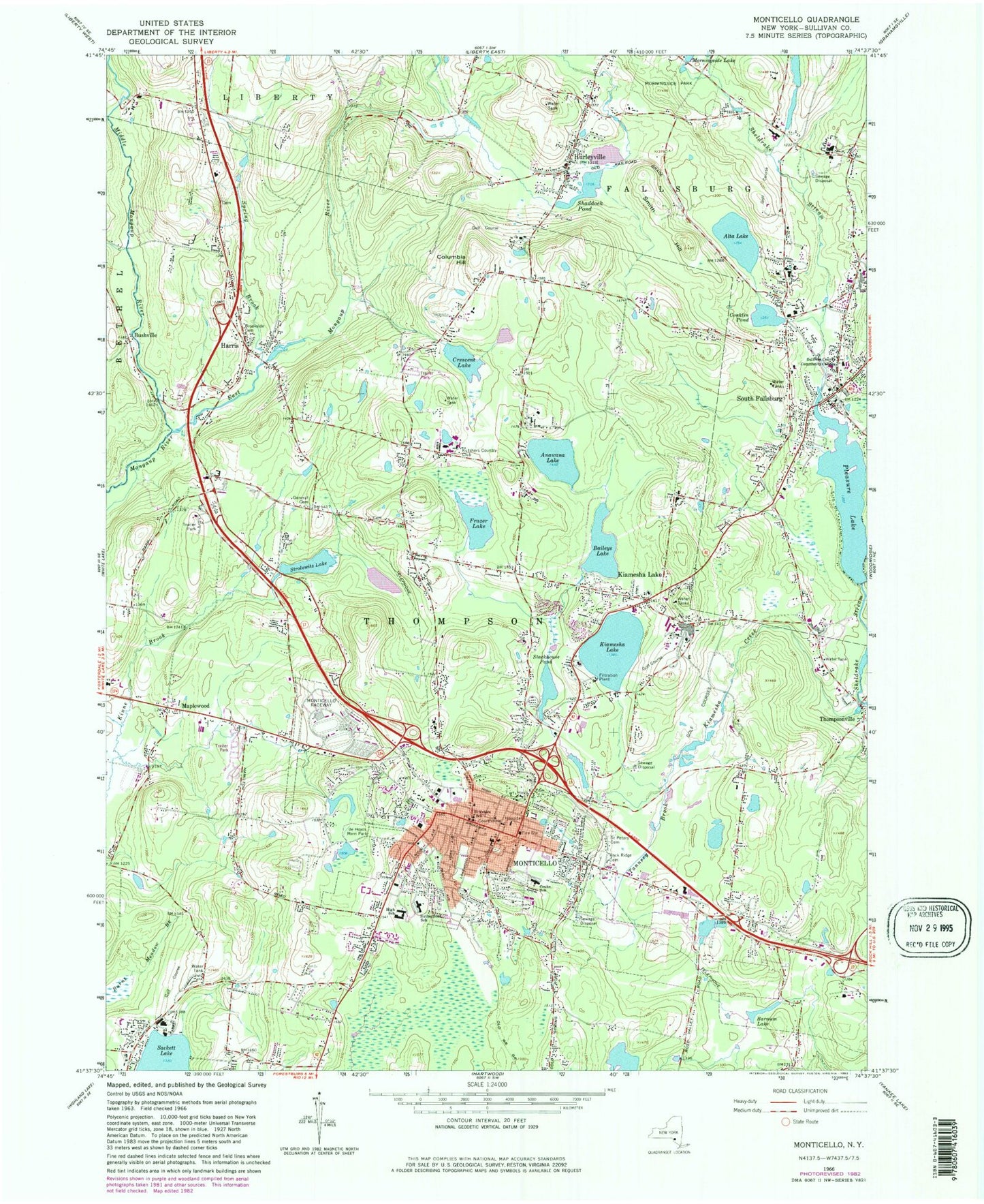 Classic USGS Monticello New York 7.5'x7.5' Topo Map Image