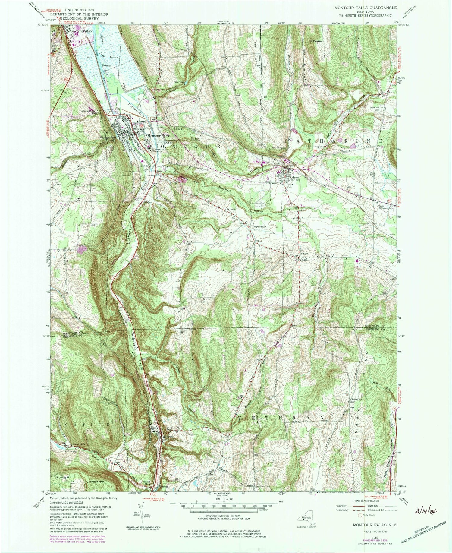 Classic USGS Montour Falls New York 7.5'x7.5' Topo Map Image