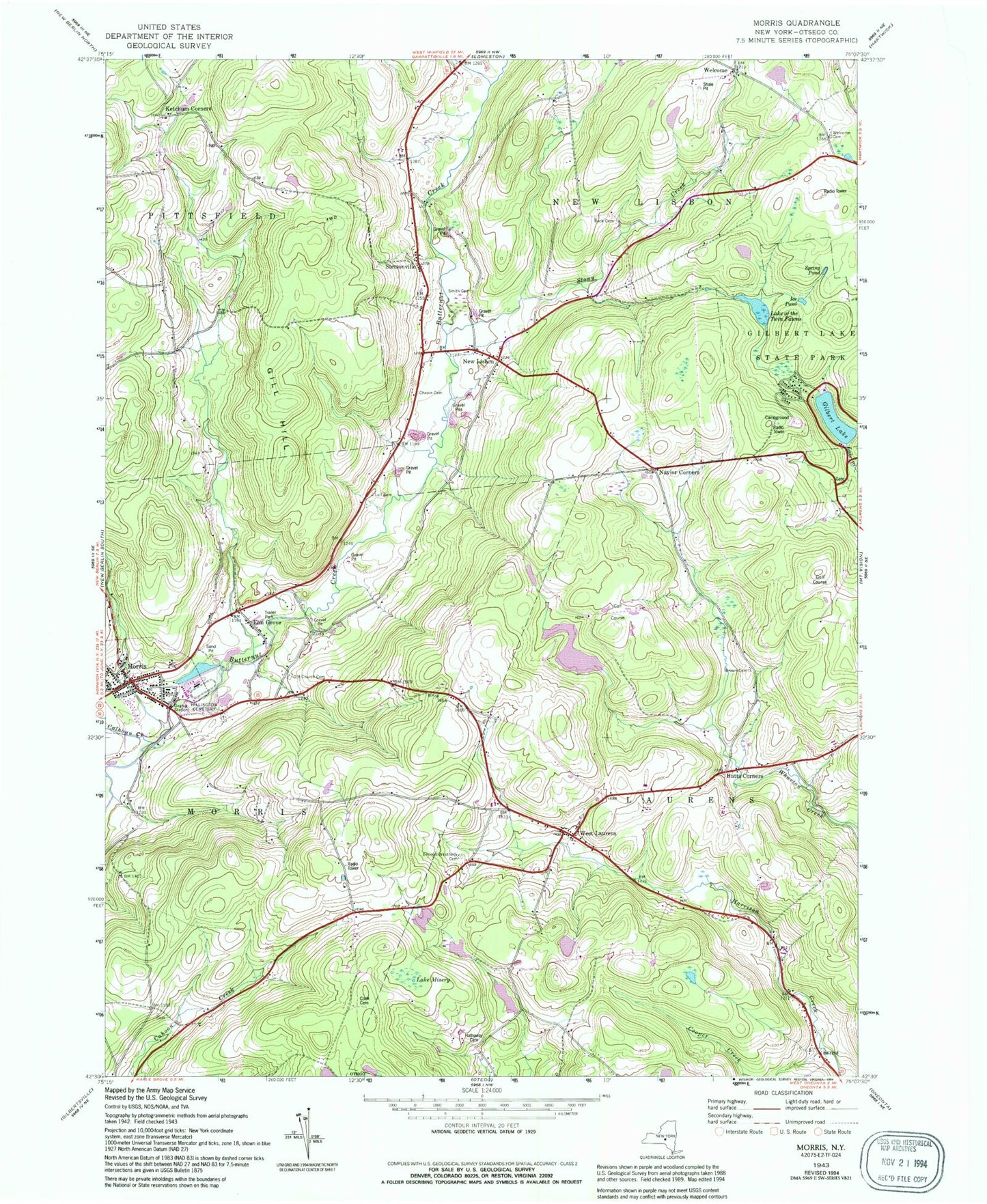 Classic USGS Morris New York 7.5'x7.5' Topo Map Image
