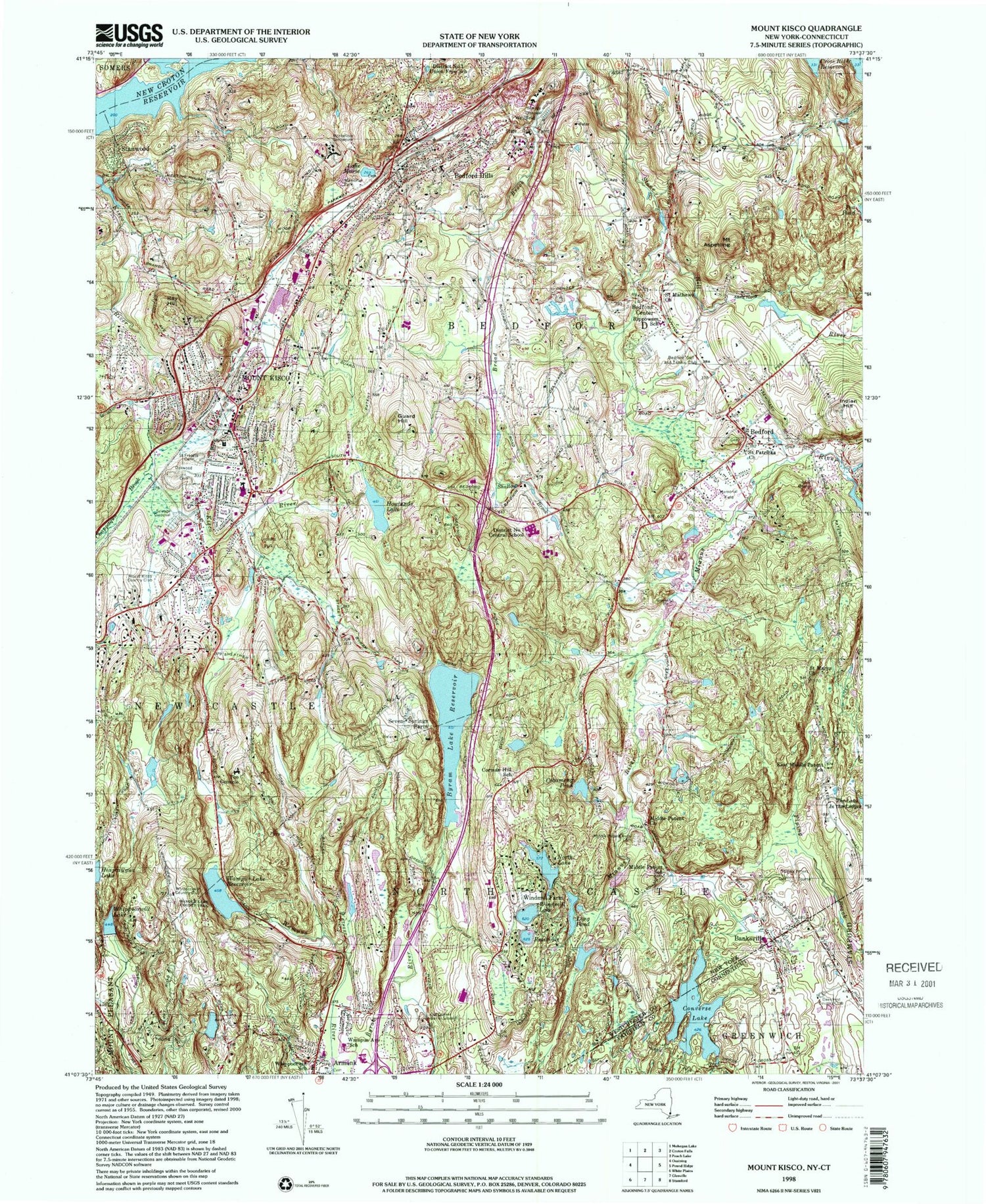 Classic USGS Mount Kisco New York 7.5'x7.5' Topo Map Image