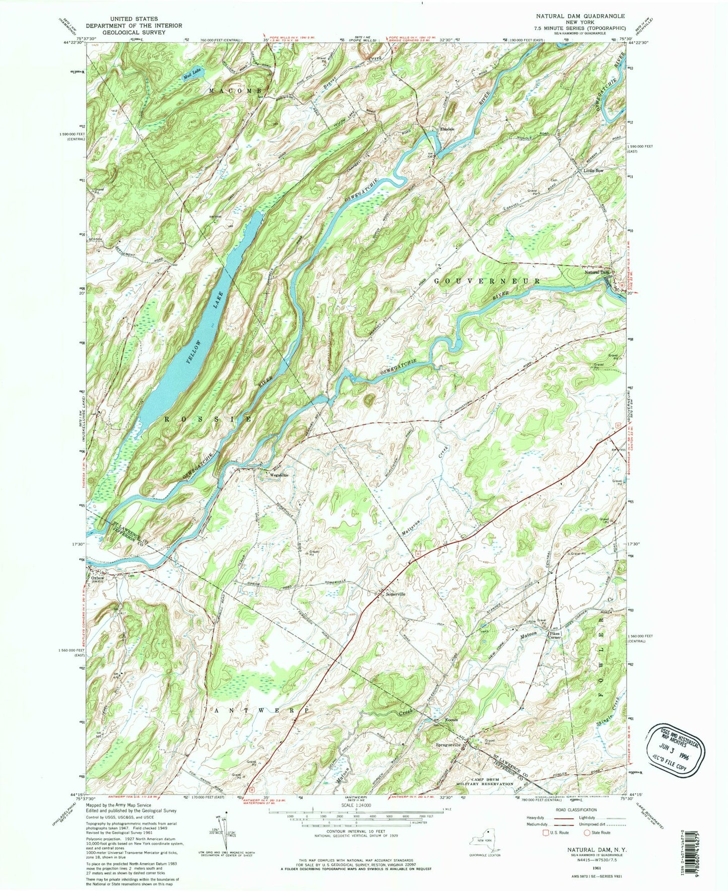 Classic USGS Natural Dam New York 7.5'x7.5' Topo Map Image