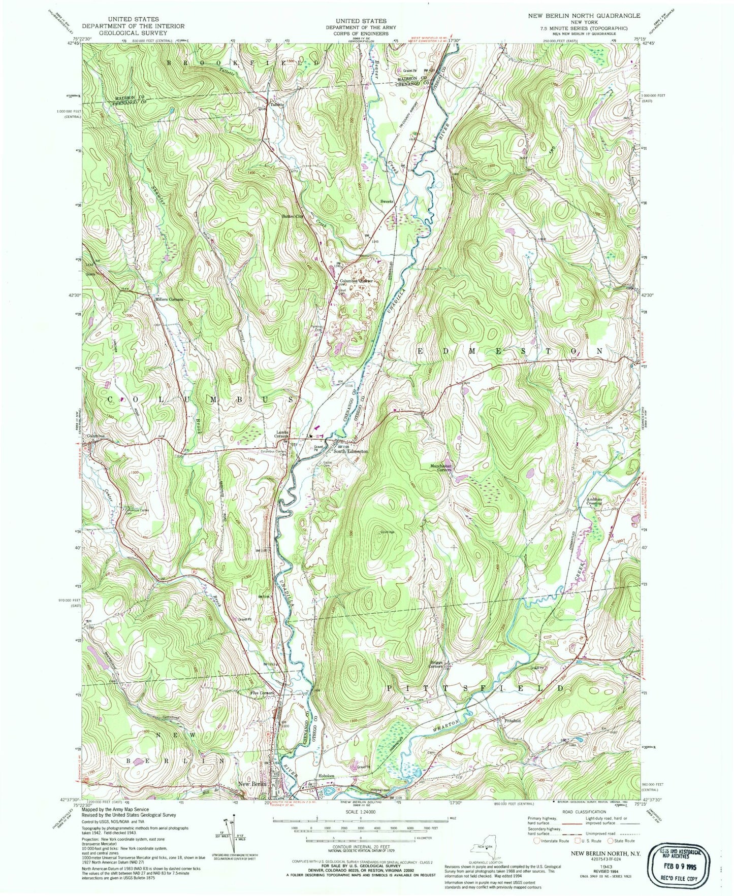Classic USGS New Berlin North New York 7.5'x7.5' Topo Map Image
