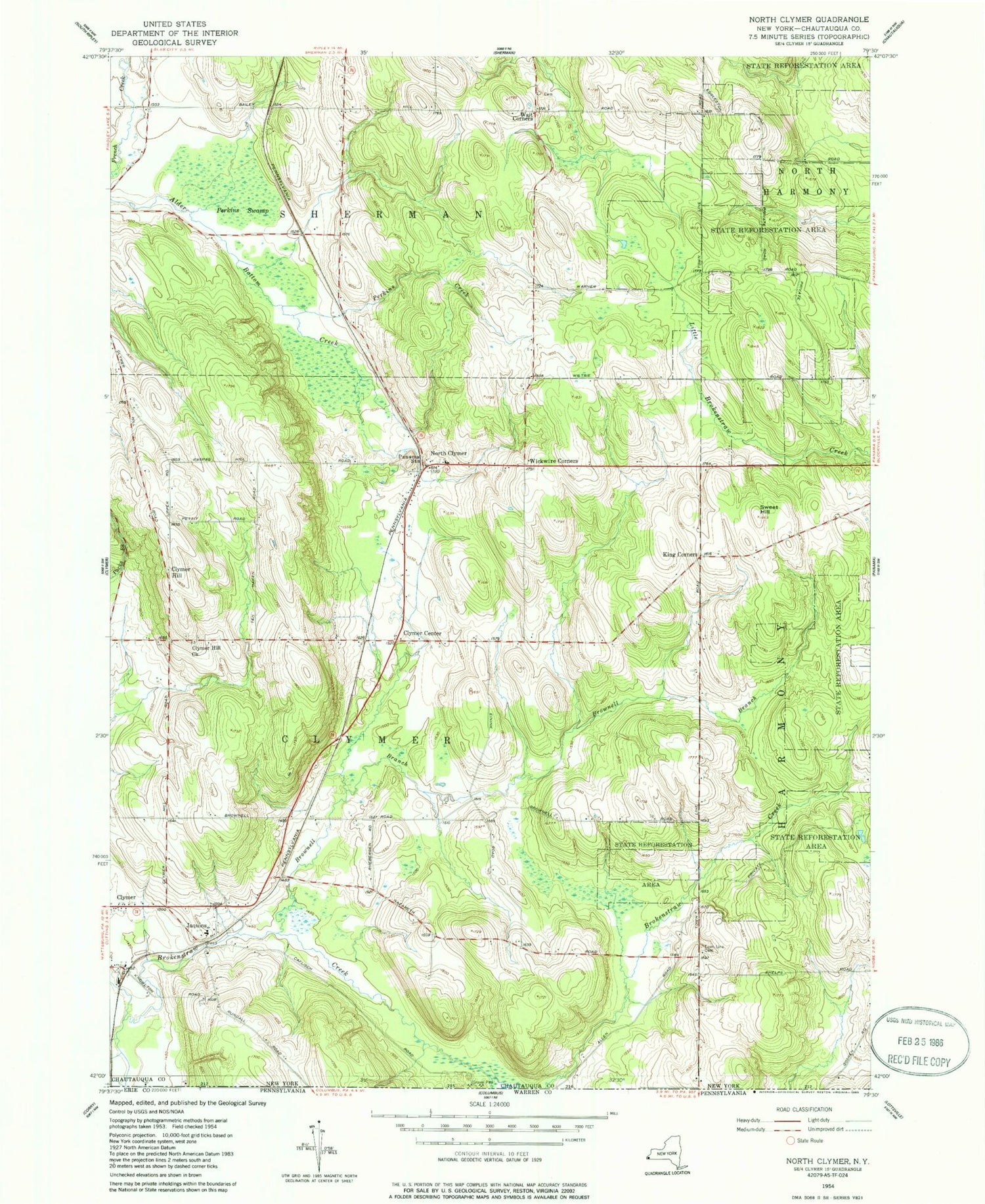 Classic USGS North Clymer New York 7.5'x7.5' Topo Map Image