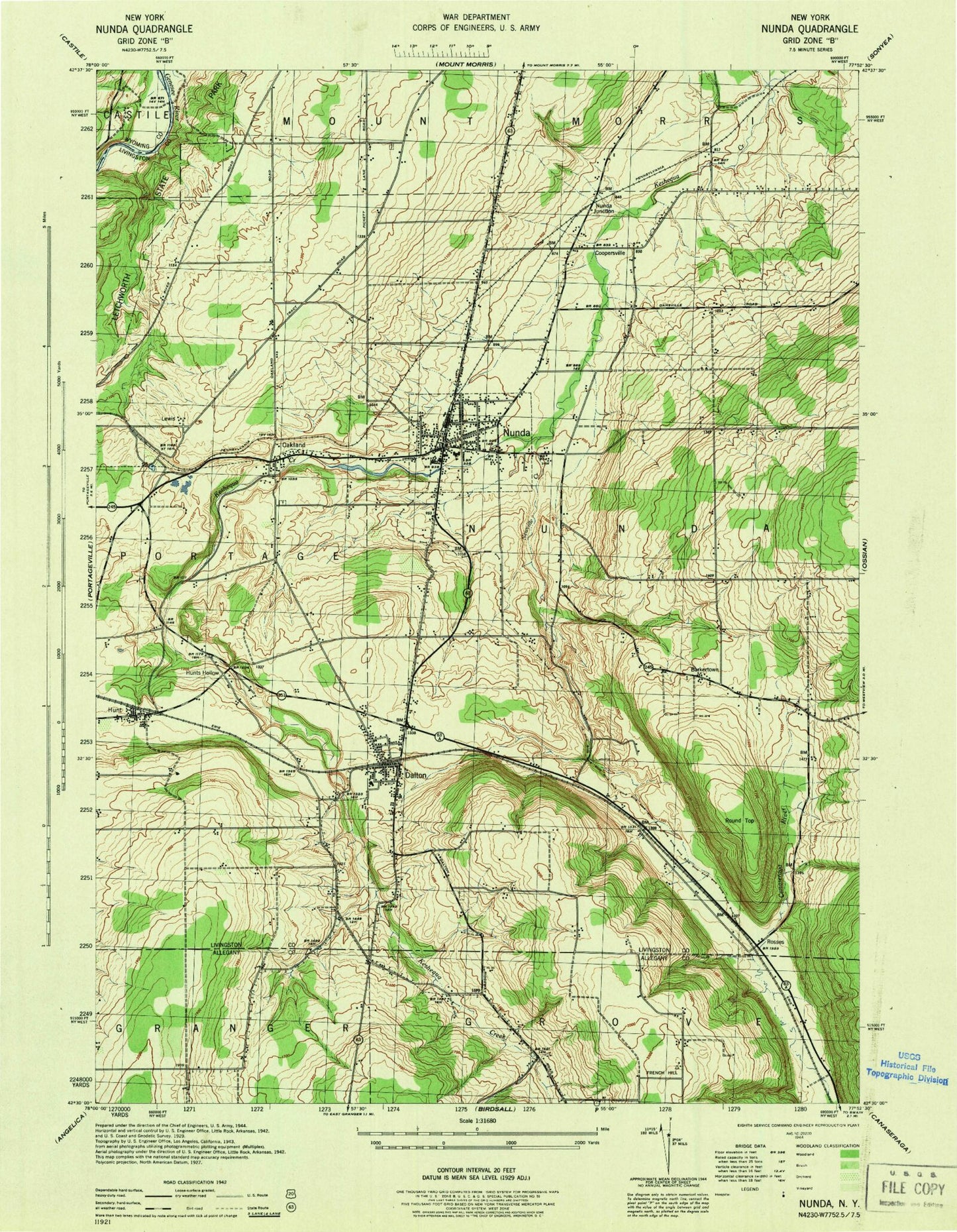 Classic USGS Nunda New York 7.5'x7.5' Topo Map Image