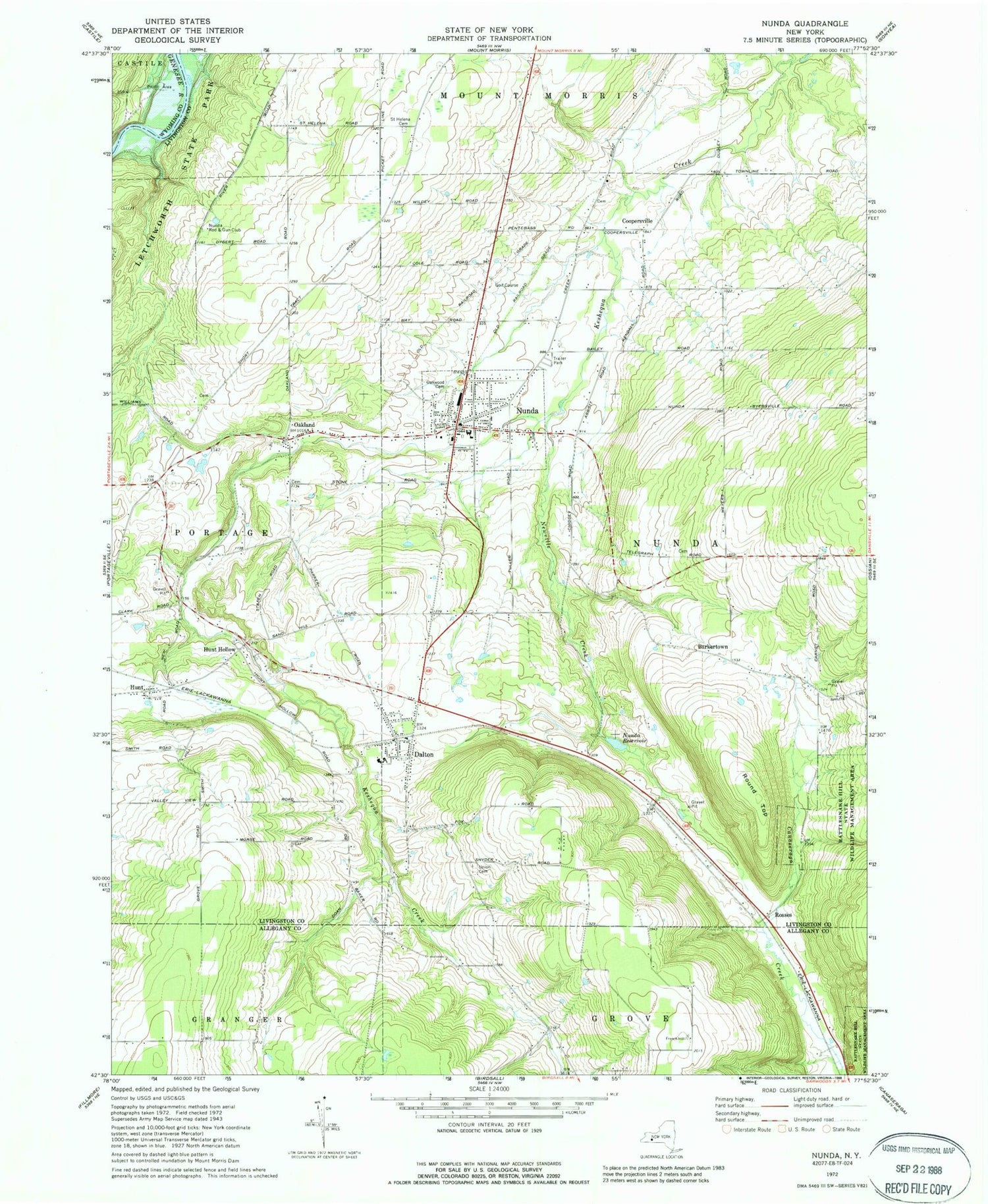 Classic USGS Nunda New York 7.5'x7.5' Topo Map Image