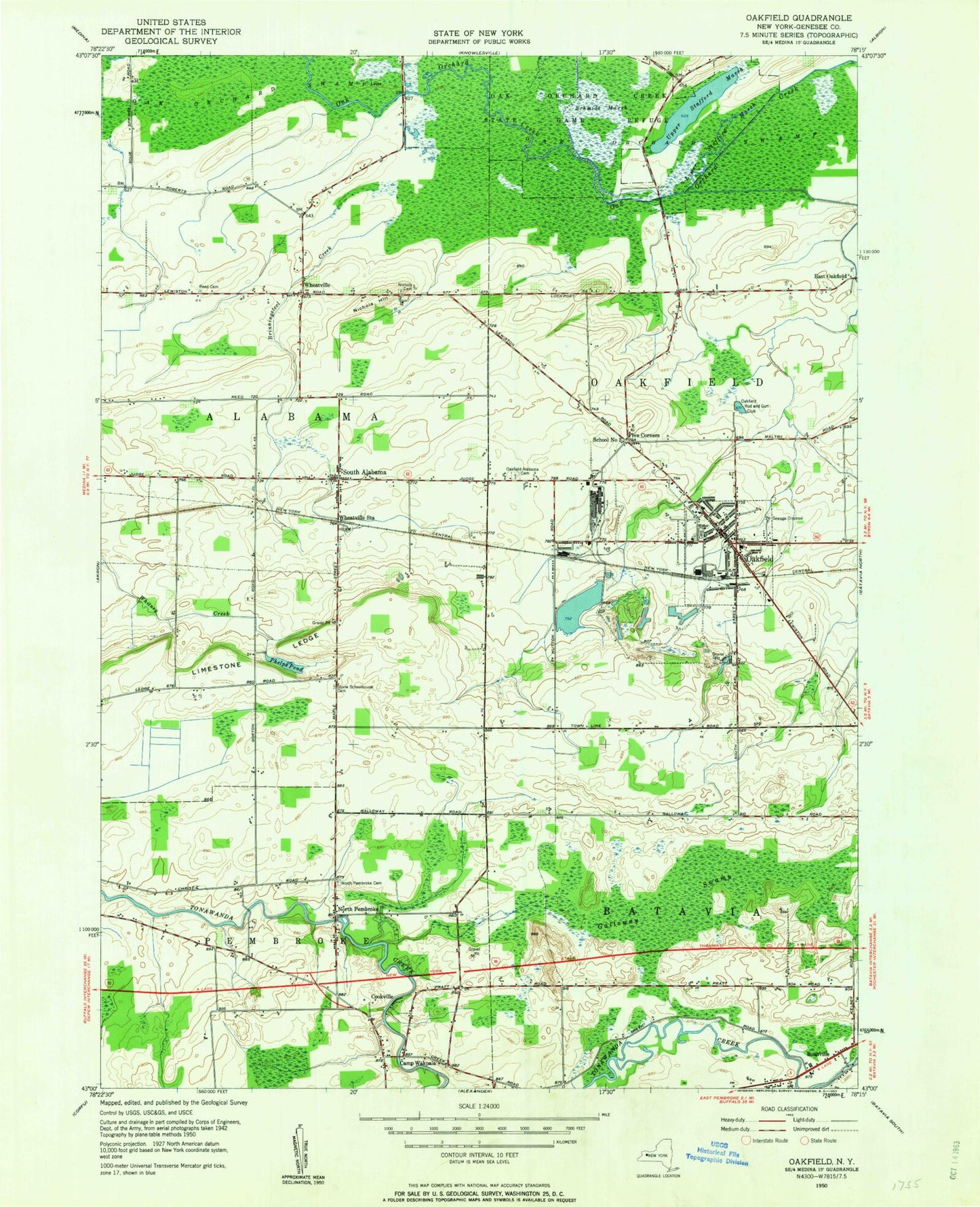 Classic USGS Oakfield New York 7.5'x7.5' Topo Map Image