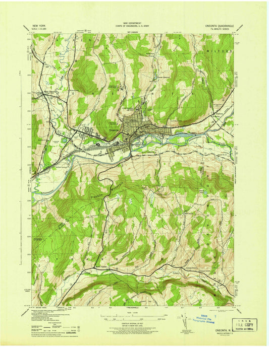 Classic USGS Oneonta New York 7.5'x7.5' Topo Map Image