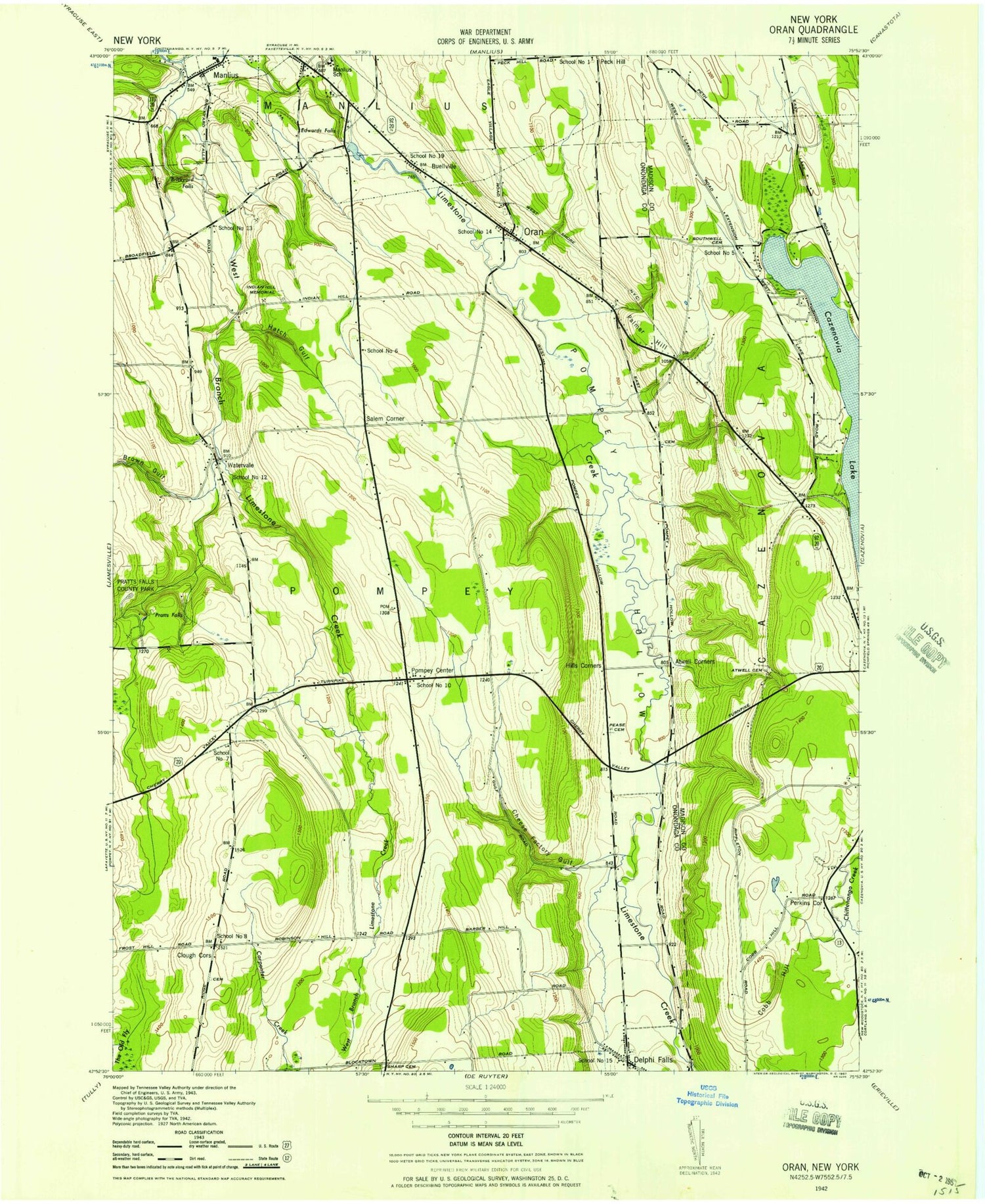 Classic USGS Oran New York 7.5'x7.5' Topo Map Image