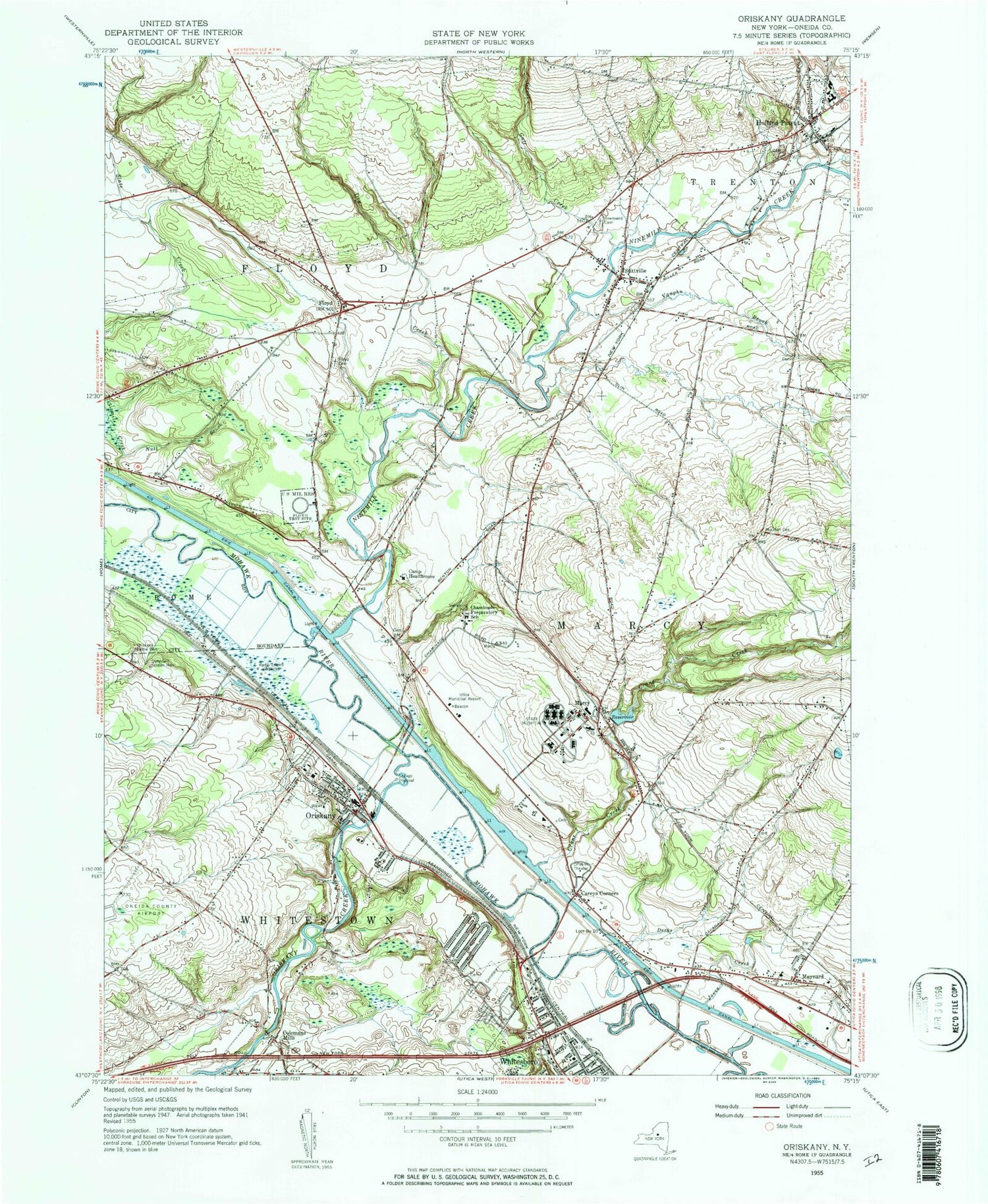 Classic USGS Oriskany New York 7.5'x7.5' Topo Map Image