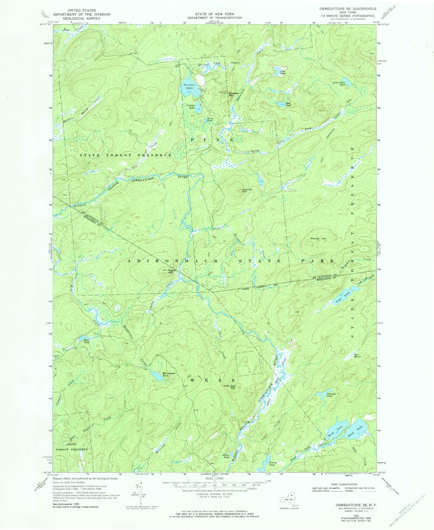 Classic USGS Oswegatchie SE New York 7.5'x7.5' Topo Map Image