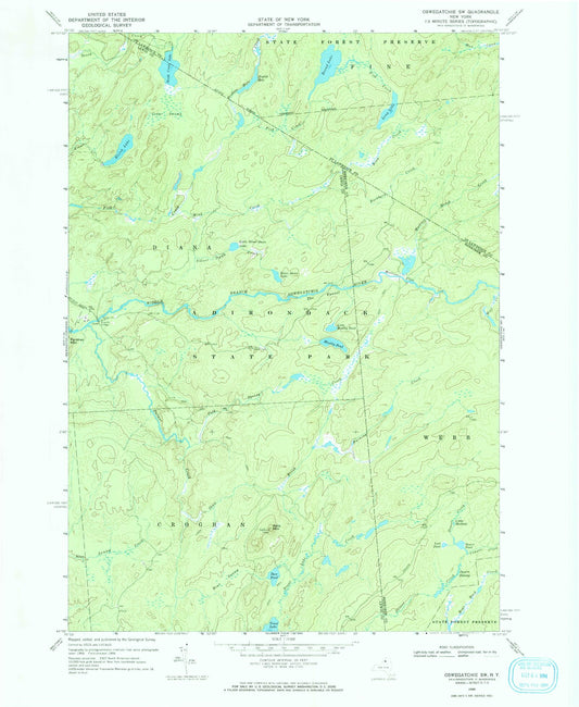 Classic USGS Oswegatchie SW New York 7.5'x7.5' Topo Map Image