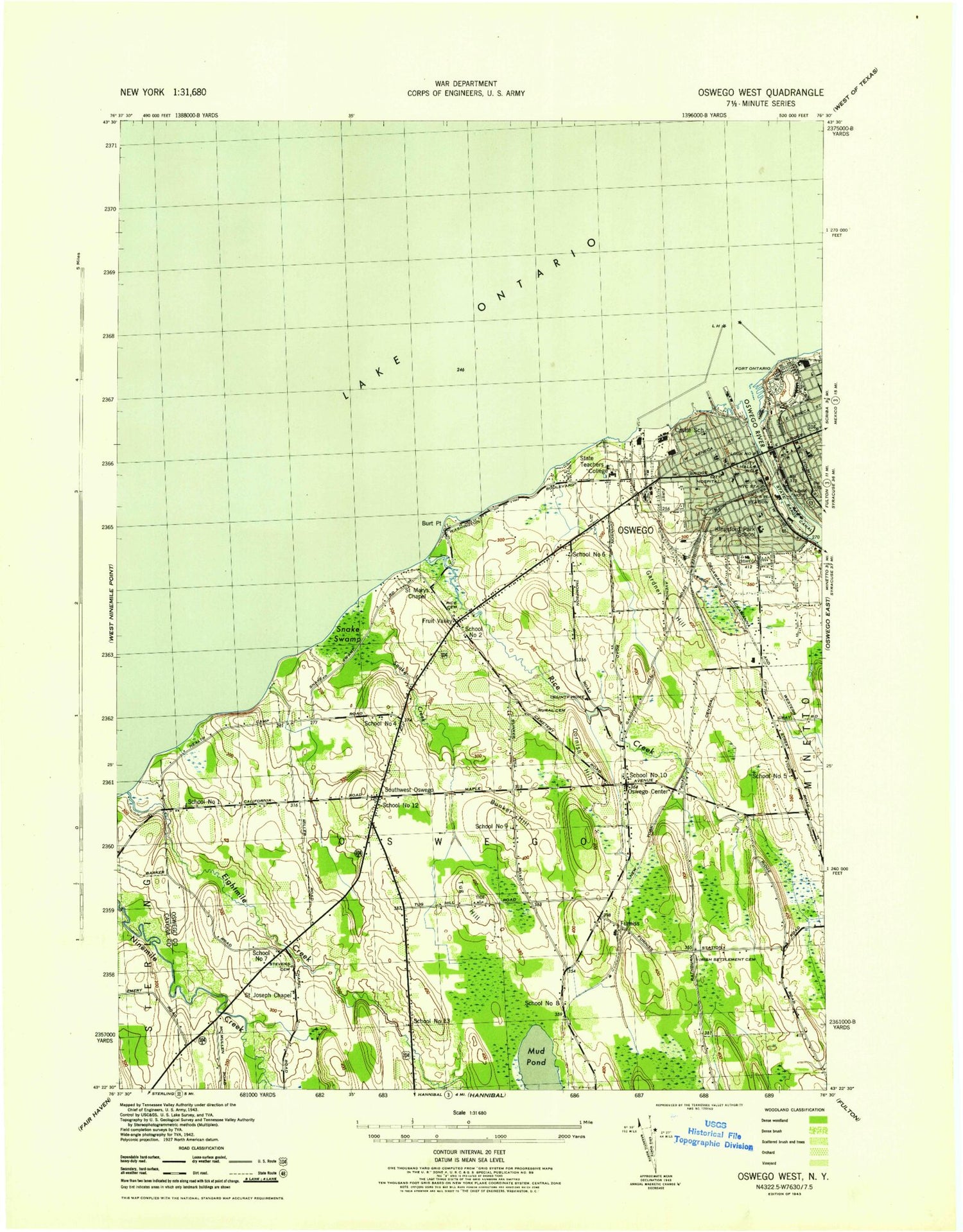 Classic USGS Oswego West New York 7.5'x7.5' Topo Map Image
