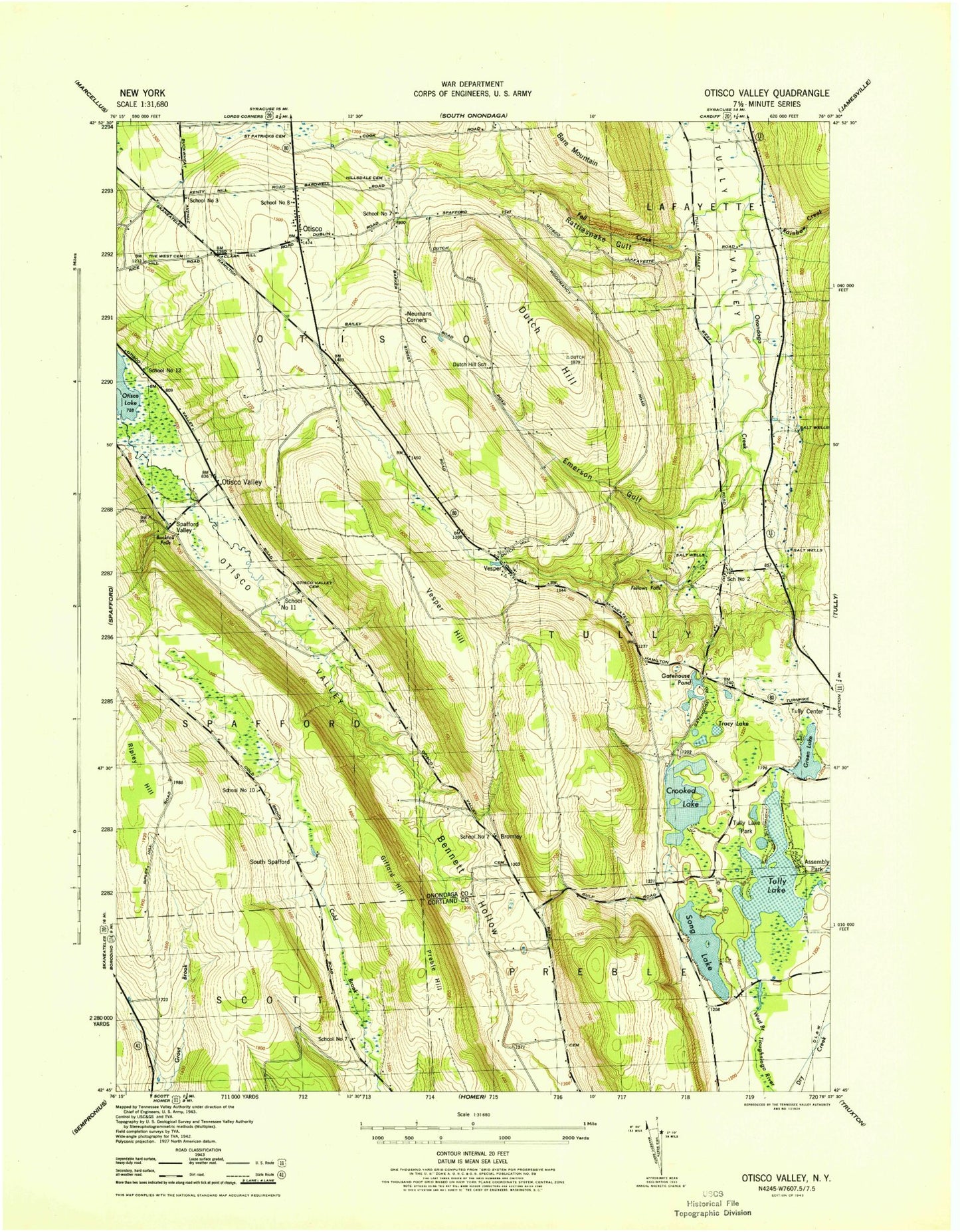 Classic USGS Otisco Valley New York 7.5'x7.5' Topo Map Image