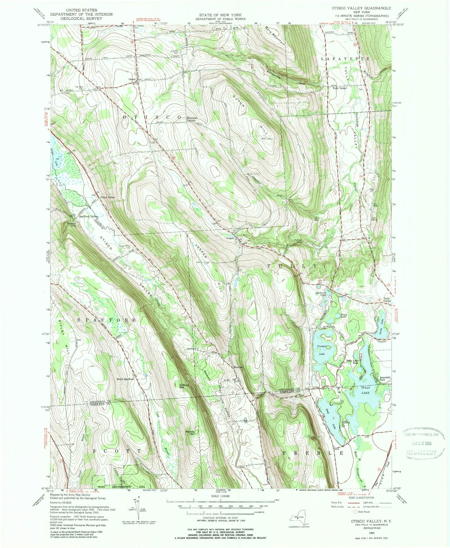 Classic USGS Otisco Valley New York 7.5'x7.5' Topo Map Image