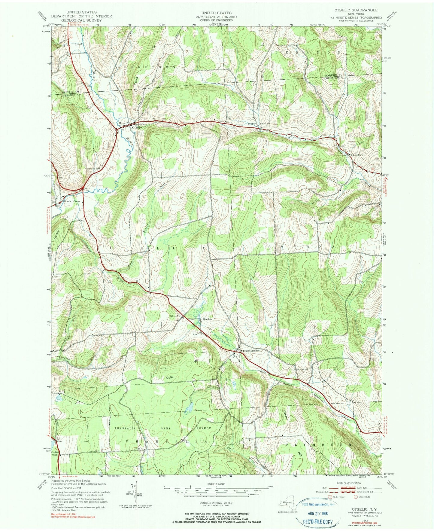 Classic USGS Otselic New York 7.5'x7.5' Topo Map Image
