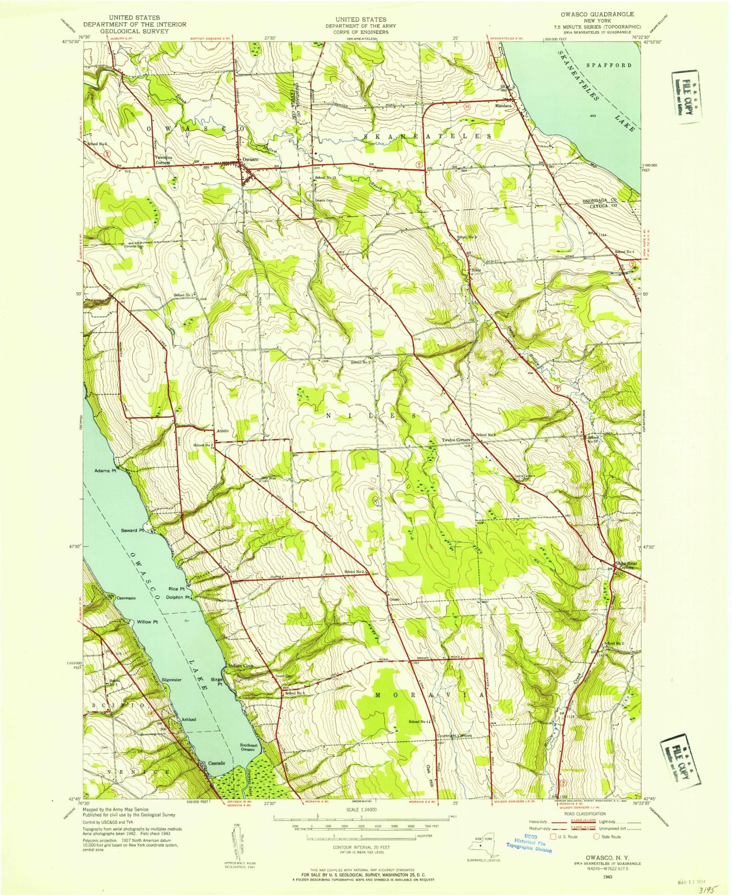 Classic USGS Owasco New York 7.5'x7.5' Topo Map Image
