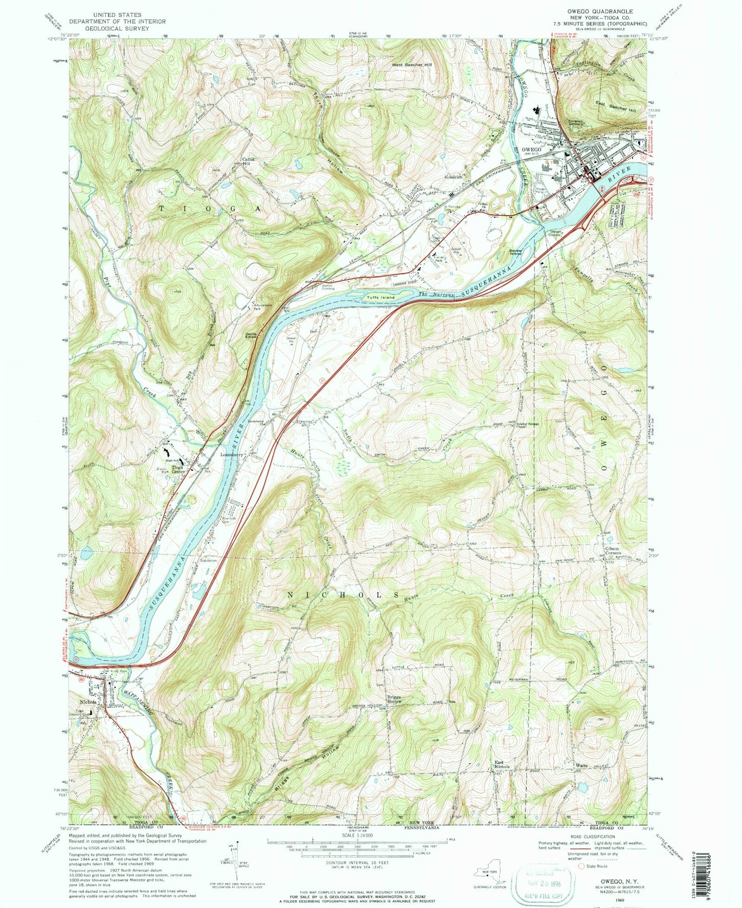 Classic USGS Owego New York 7.5'x7.5' Topo Map Image