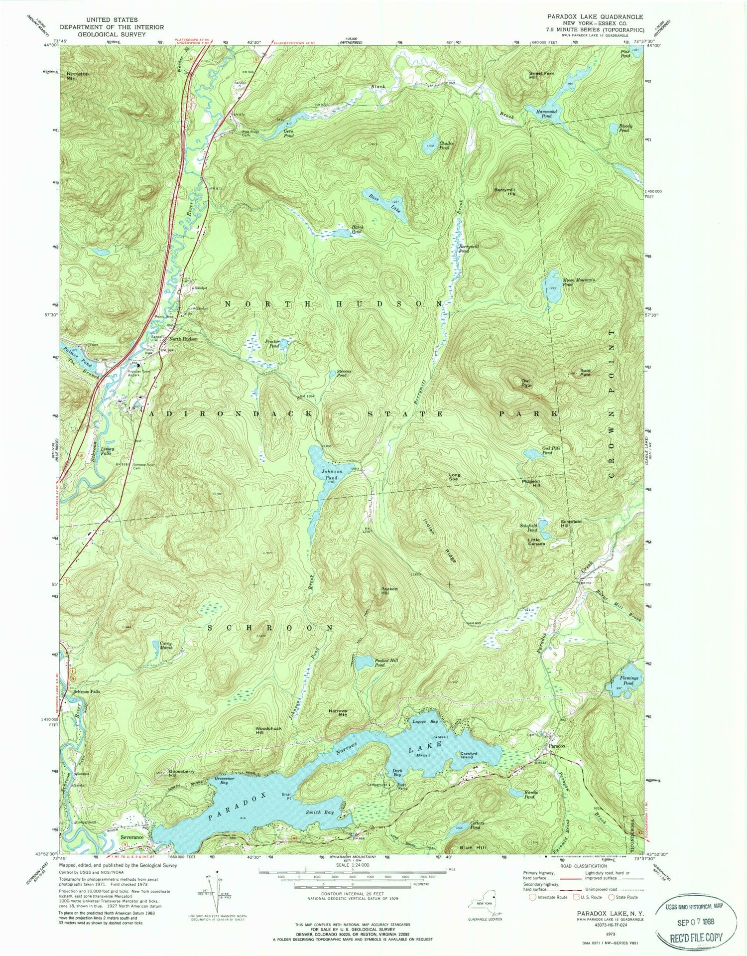 Classic USGS Paradox Lake New York 7.5'x7.5' Topo Map Image