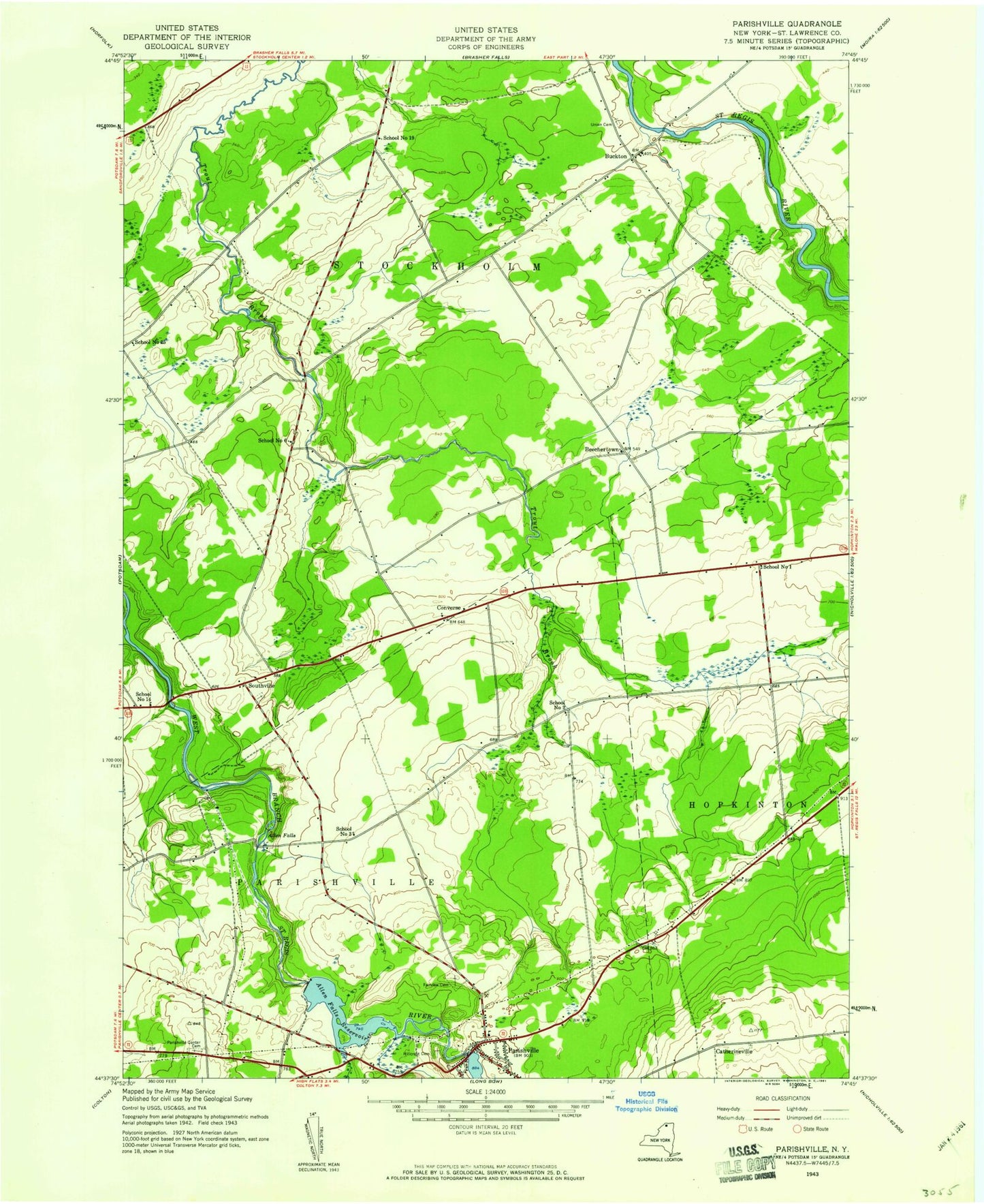 Classic USGS Parishville New York 7.5'x7.5' Topo Map Image