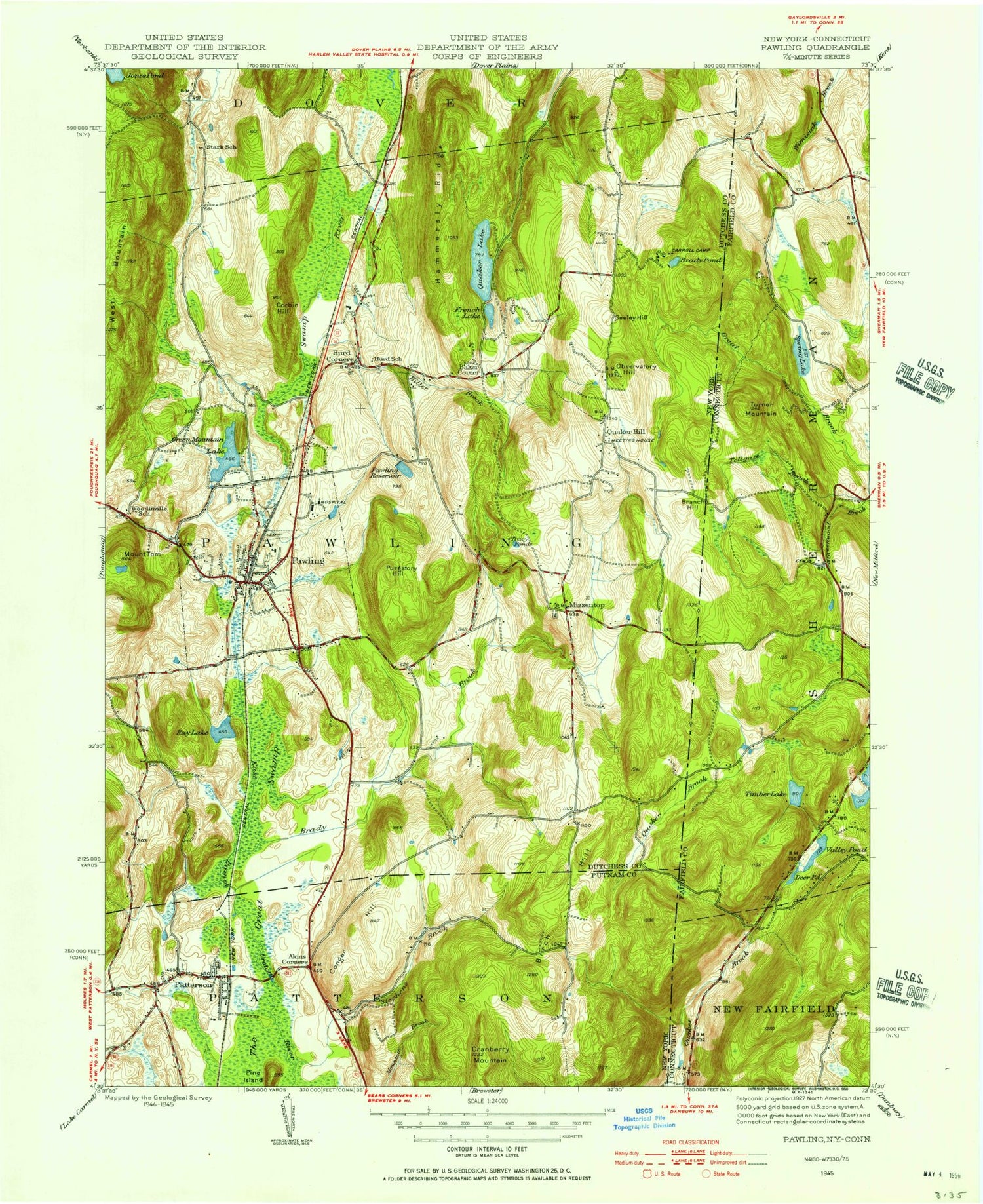 Classic USGS Pawling New York 7.5'x7.5' Topo Map Image