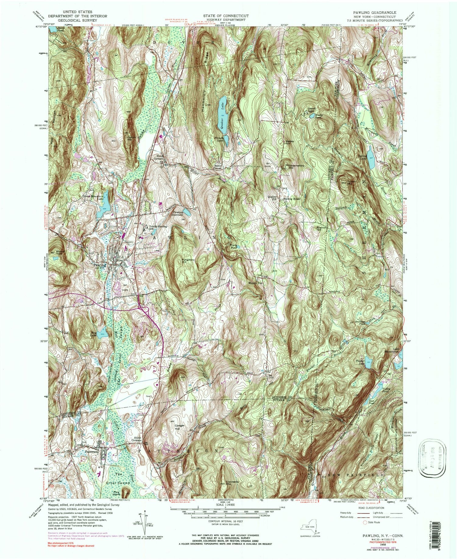Classic USGS Pawling New York 7.5'x7.5' Topo Map Image