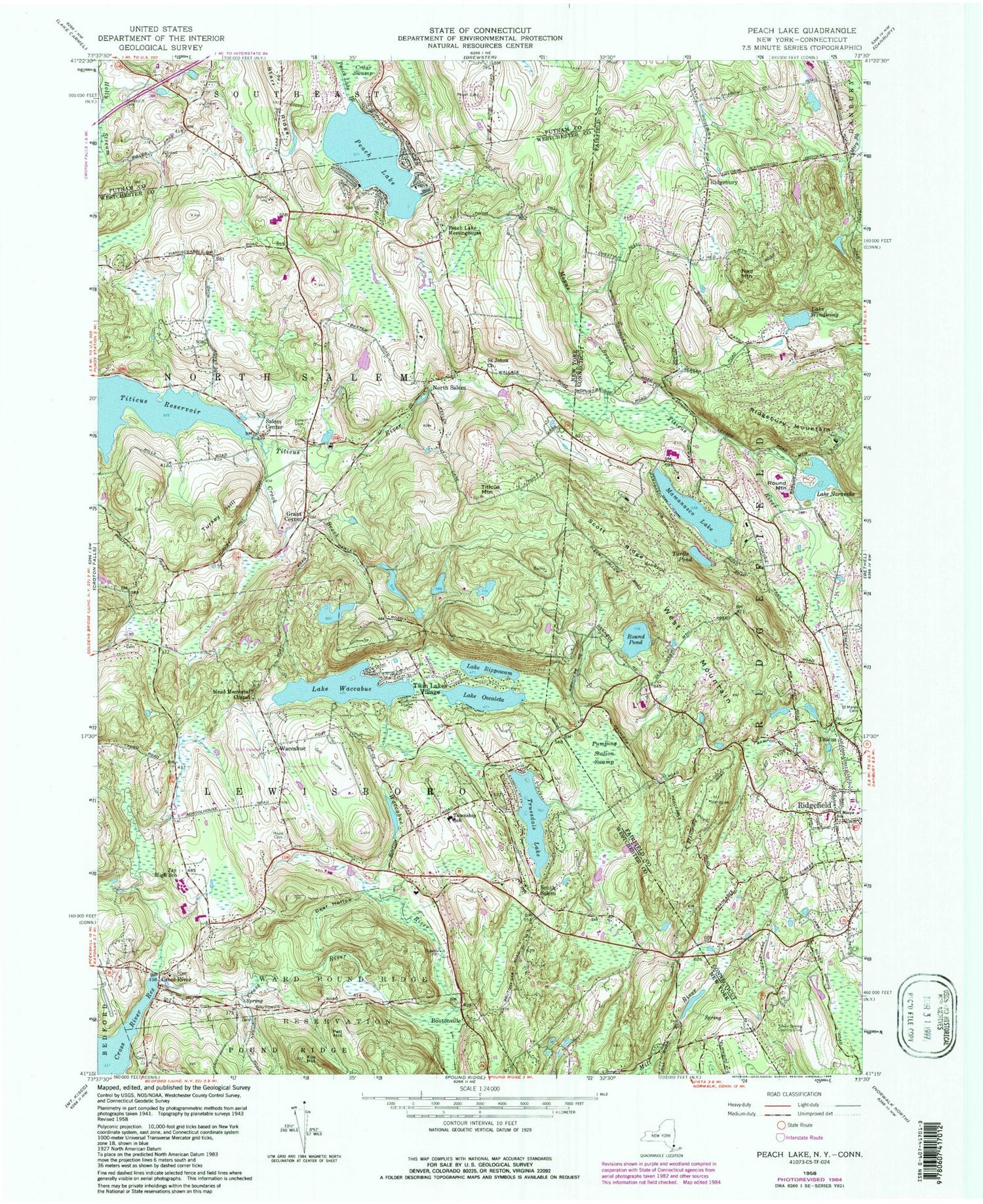 Classic USGS Peach Lake New York 7.5'x7.5' Topo Map Image