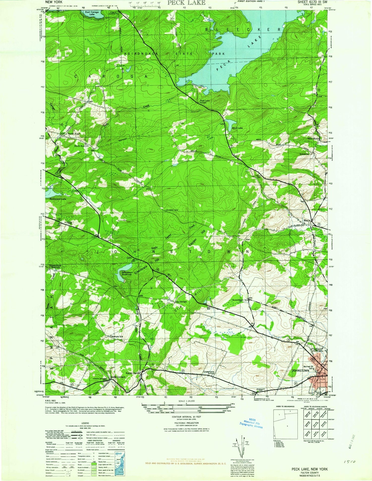 Classic USGS Peck Lake New York 7.5'x7.5' Topo Map Image