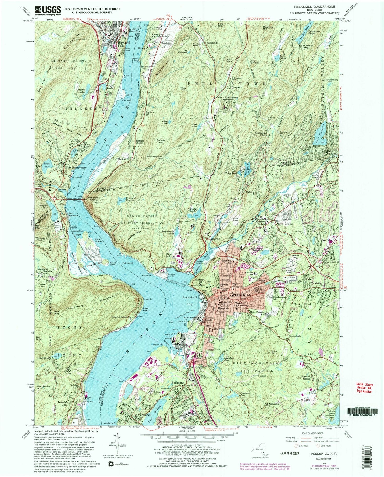 Classic USGS Peekskill New York 7.5'x7.5' Topo Map Image