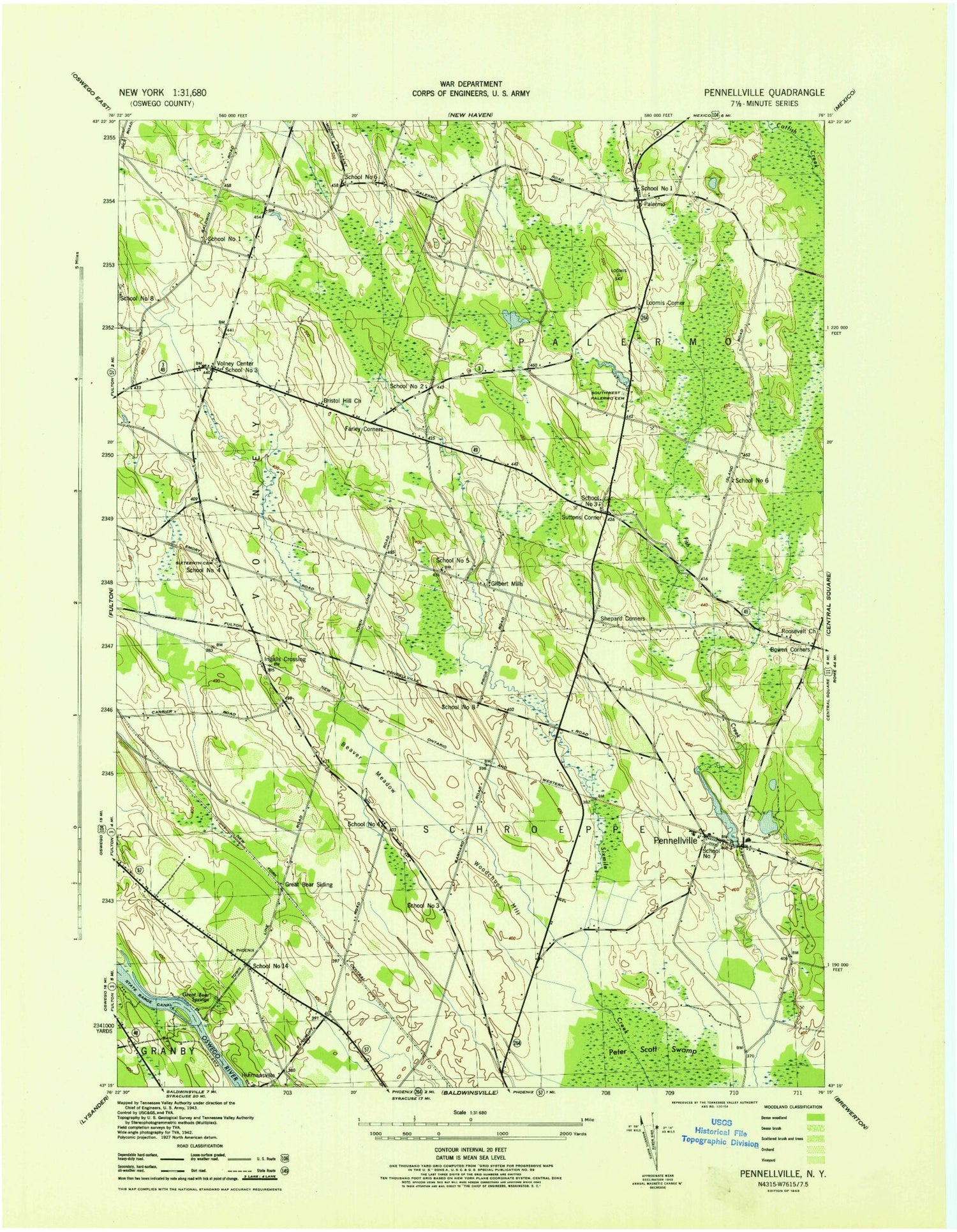 Classic USGS Pennellville New York 7.5'x7.5' Topo Map Image