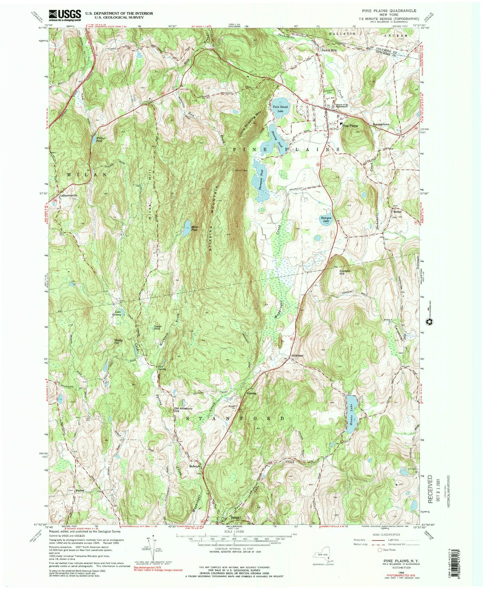 Classic USGS Pine Plains New York 7.5'x7.5' Topo Map MyTopo Map Store