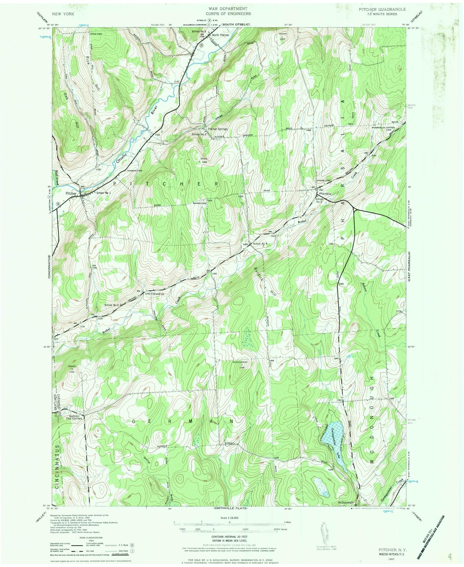 Classic USGS Pitcher New York 7.5'x7.5' Topo Map Image
