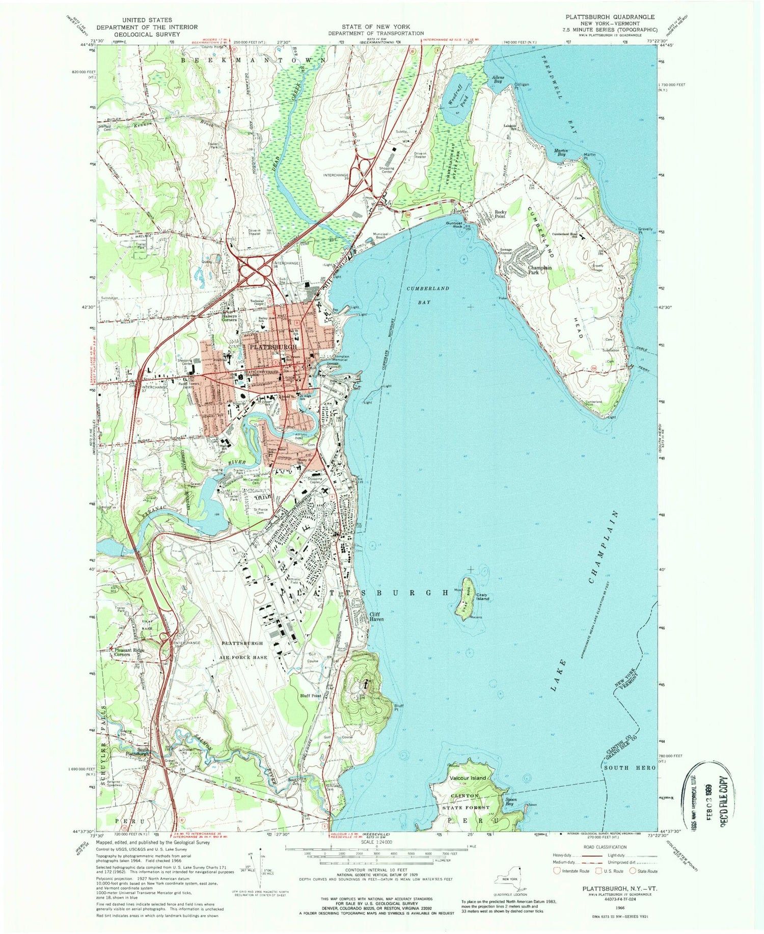 Classic USGS Plattsburgh New York 7.5'x7.5' Topo Map Image