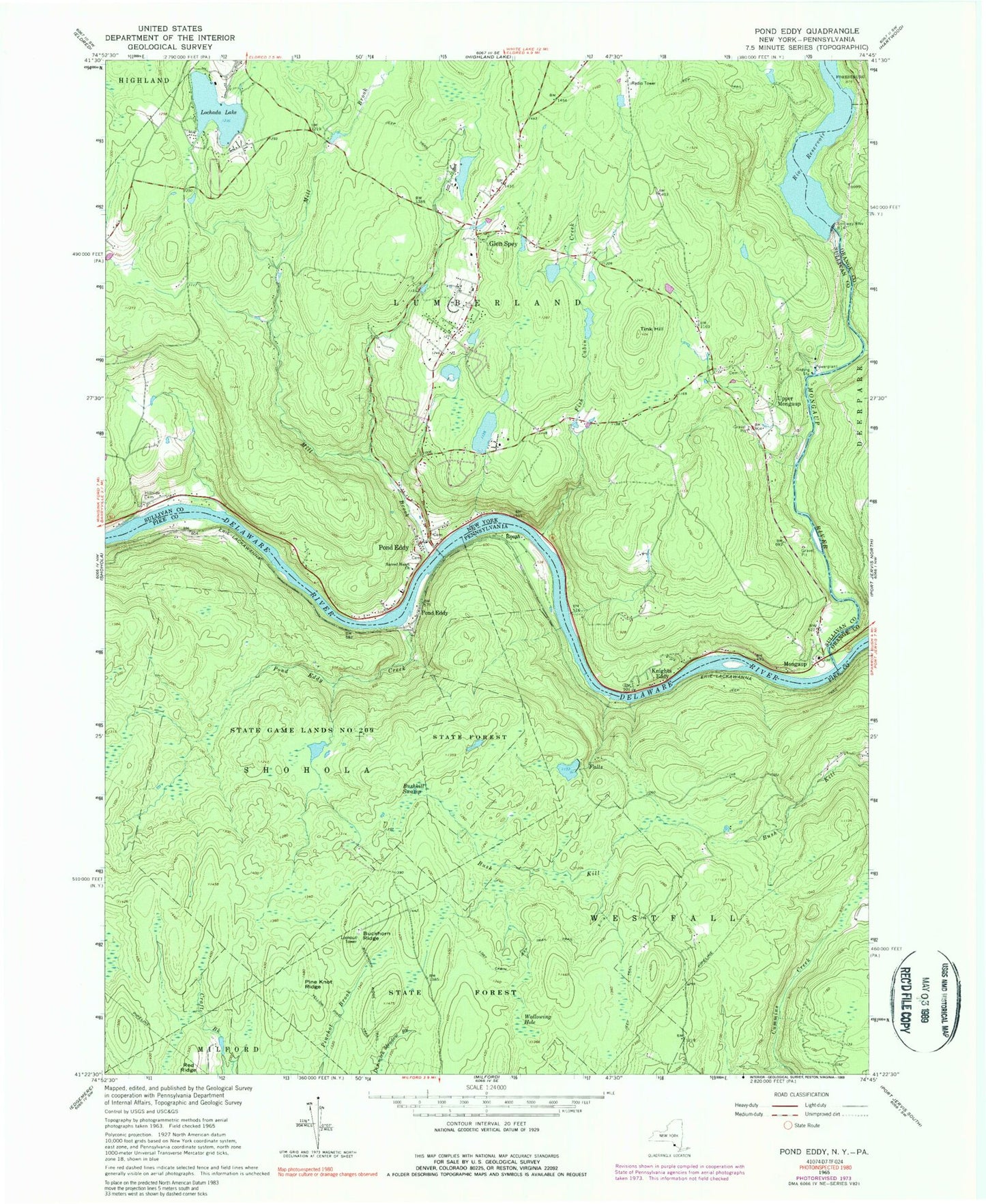 Classic USGS Pond Eddy New York 7.5'x7.5' Topo Map Image