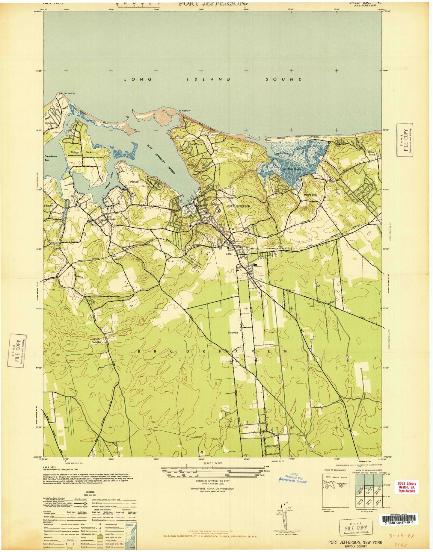 Classic USGS Port Jefferson New York 7.5'x7.5' Topo Map Image
