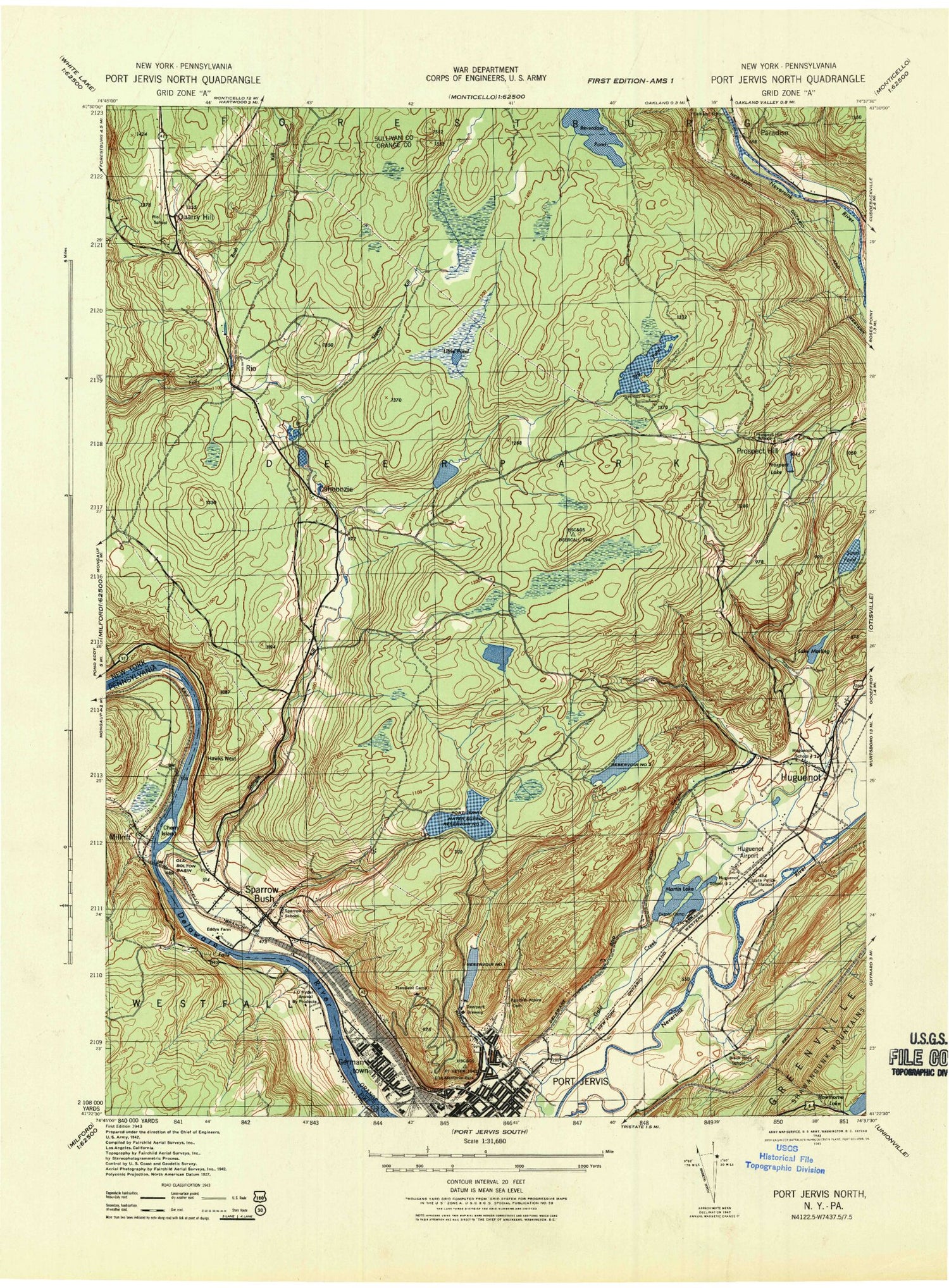 Classic USGS Port Jervis North New York 7.5'x7.5' Topo Map Image