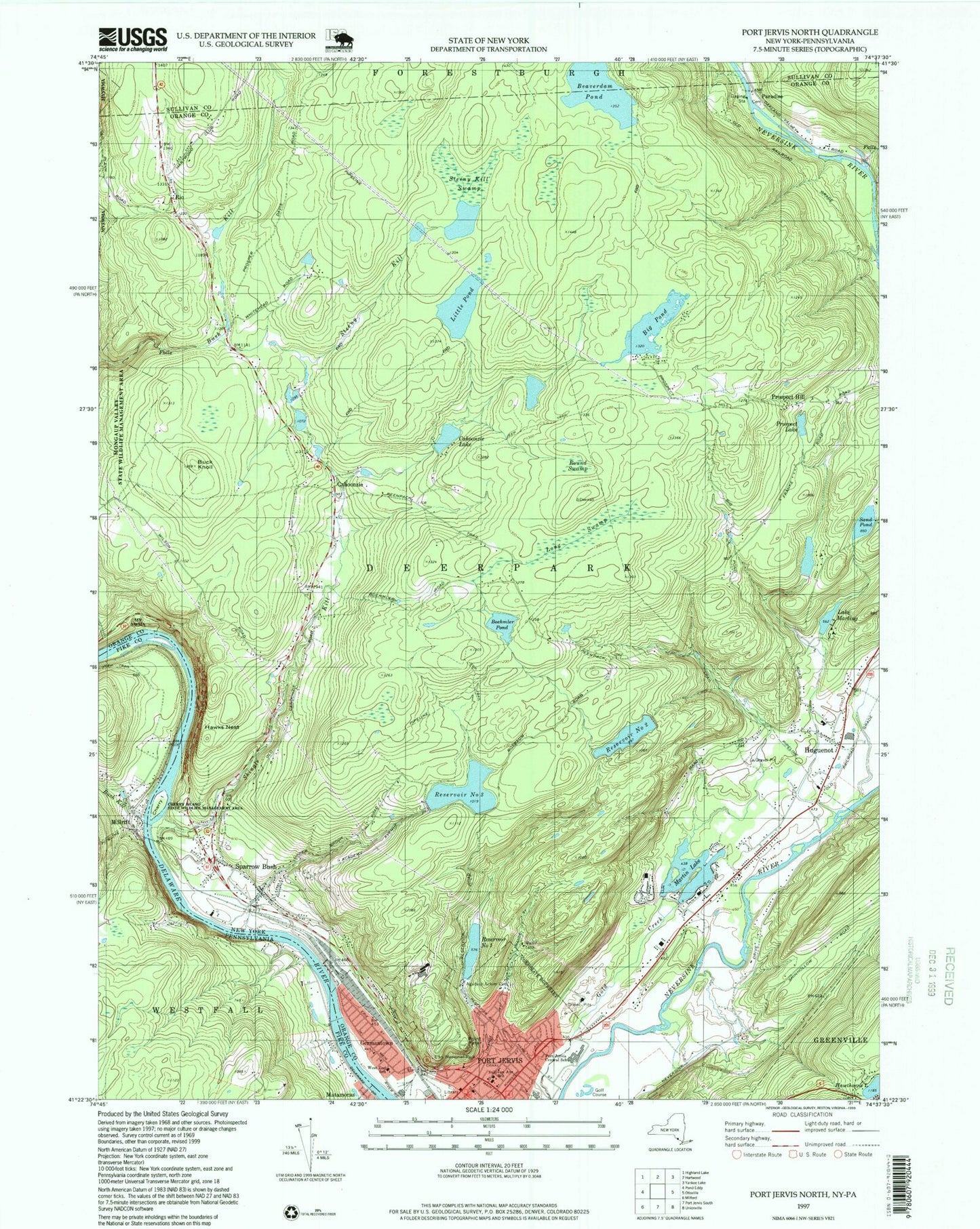 Classic USGS Port Jervis North New York 7.5'x7.5' Topo Map Image