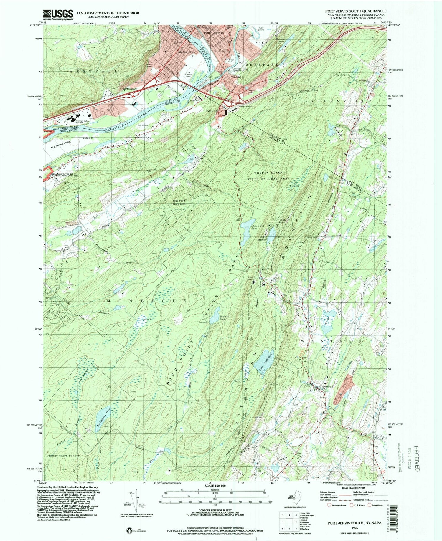 Classic USGS Port Jervis South New York 7.5'x7.5' Topo Map Image