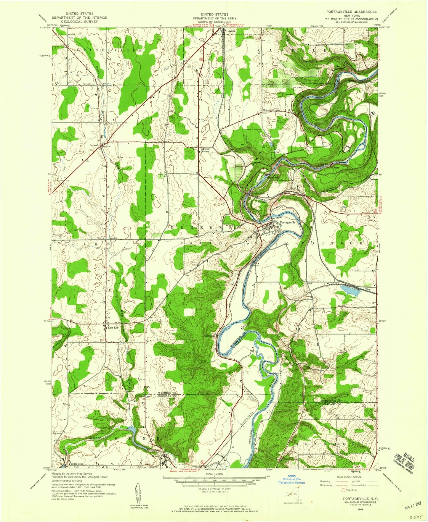Classic USGS Portageville New York 7.5'x7.5' Topo Map Image