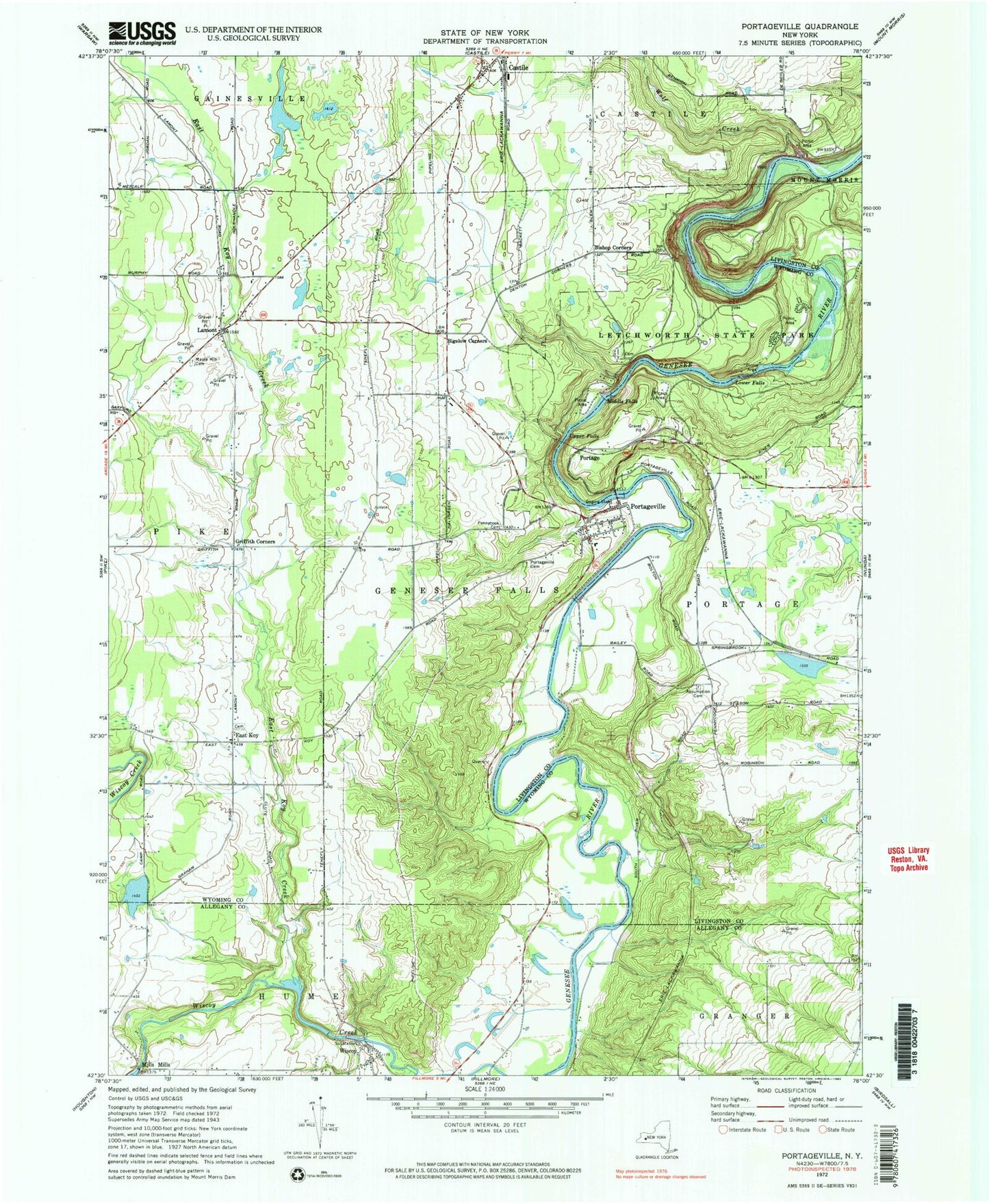 Classic USGS Portageville New York 7.5'x7.5' Topo Map Image