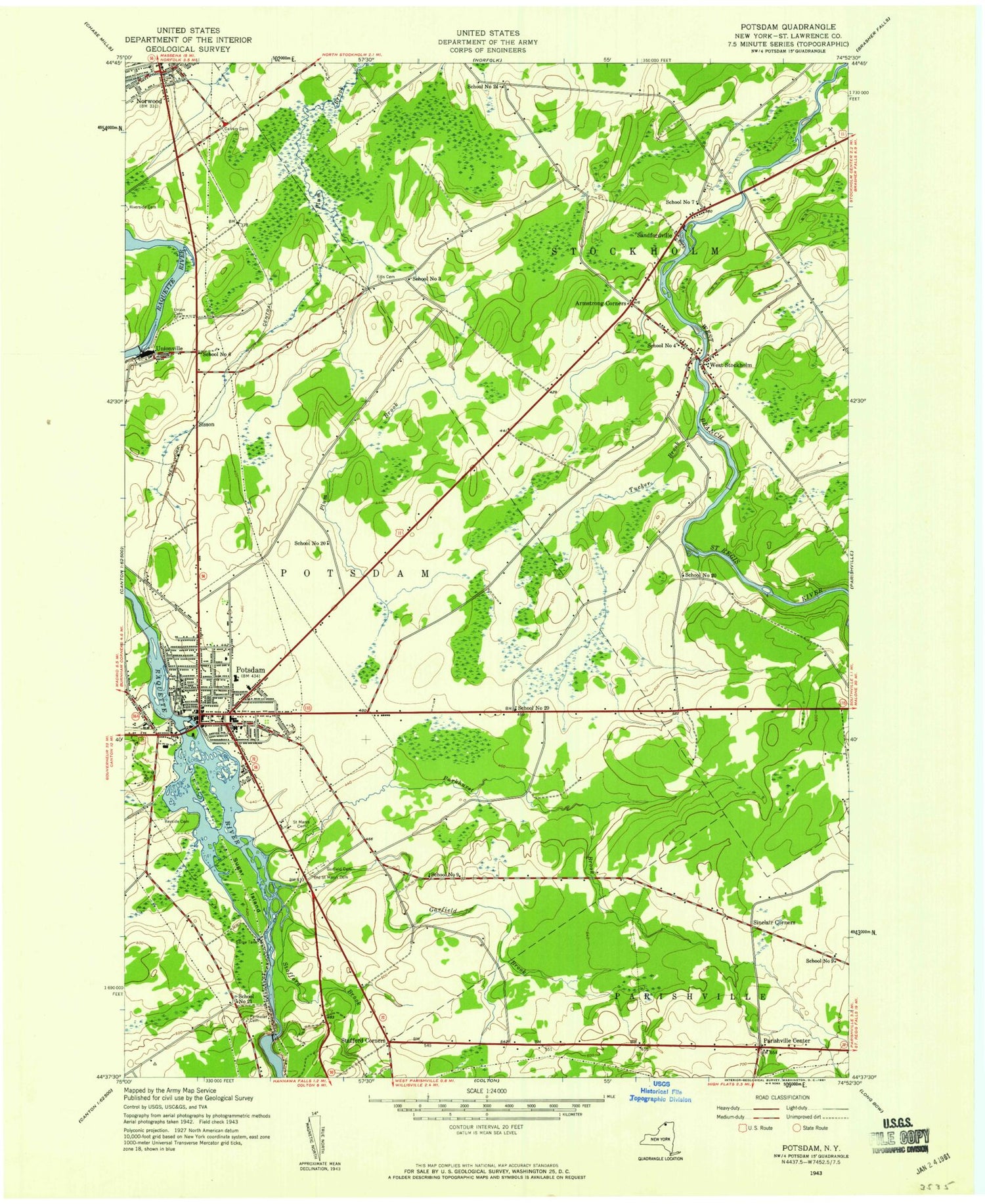 Classic USGS Potsdam New York 7.5'x7.5' Topo Map Image