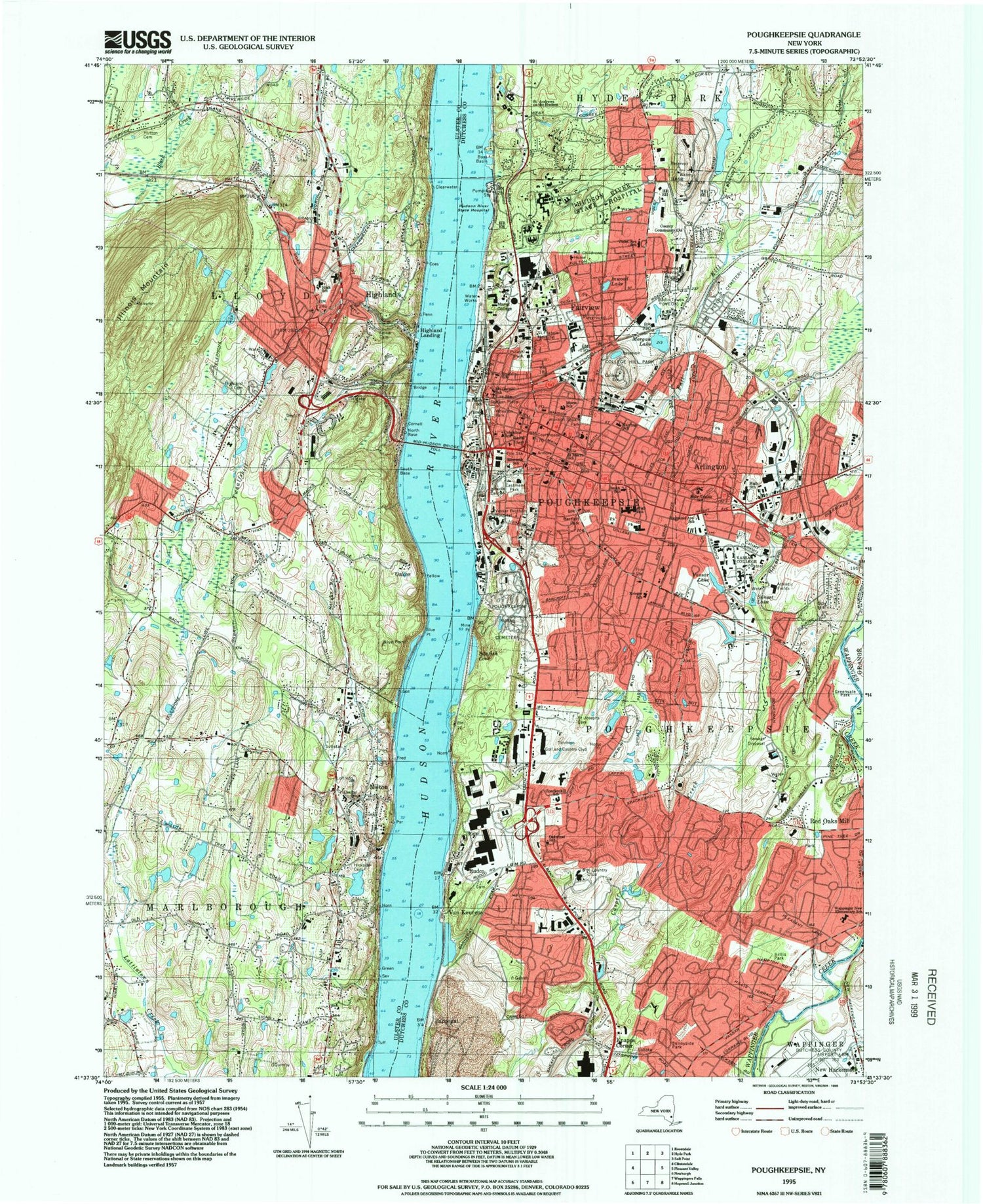 Classic USGS Poughkeepsie New York 7.5'x7.5' Topo Map Image
