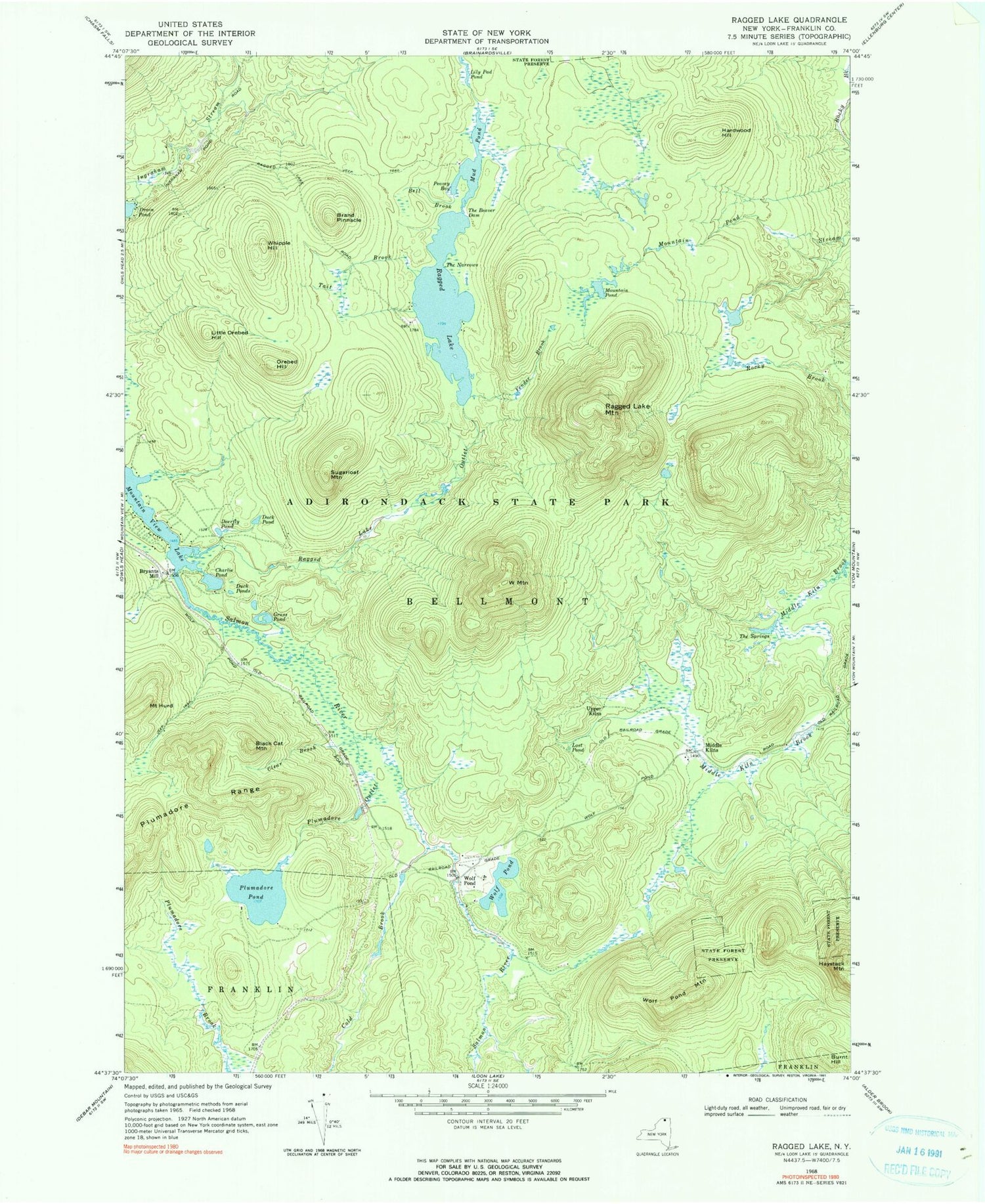 Classic USGS Ragged Lake New York 7.5'x7.5' Topo Map Image