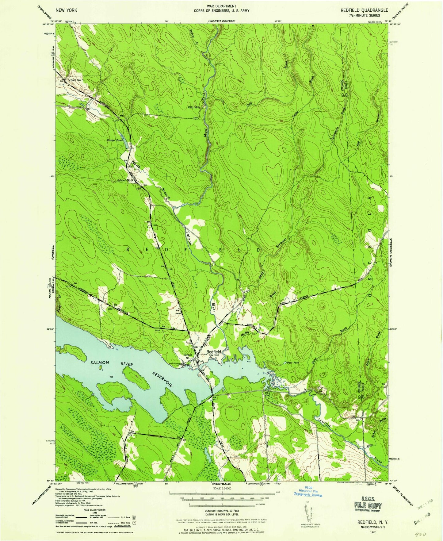 Classic USGS Redfield New York 7.5'x7.5' Topo Map Image