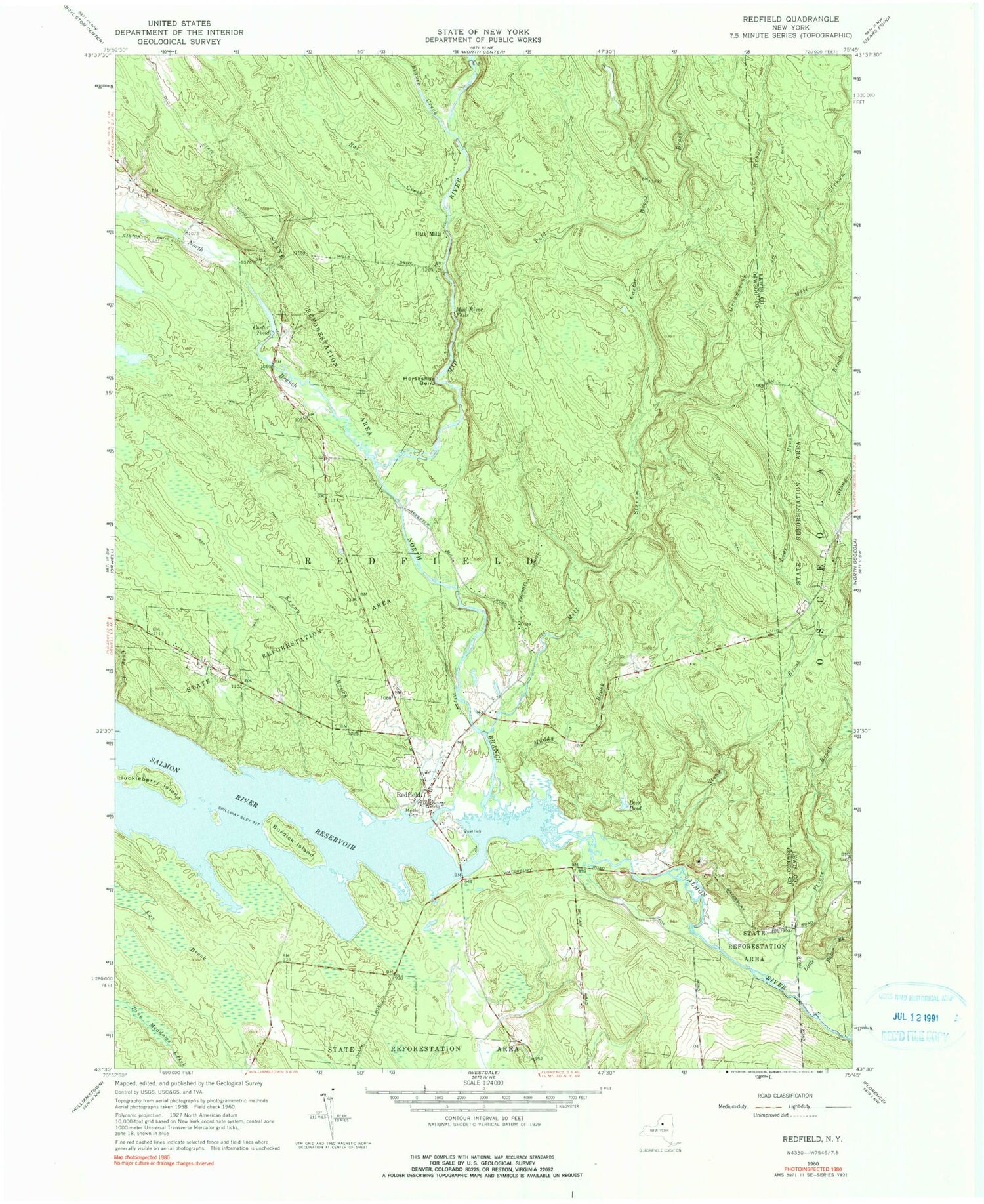 Classic USGS Redfield New York 7.5'x7.5' Topo Map Image