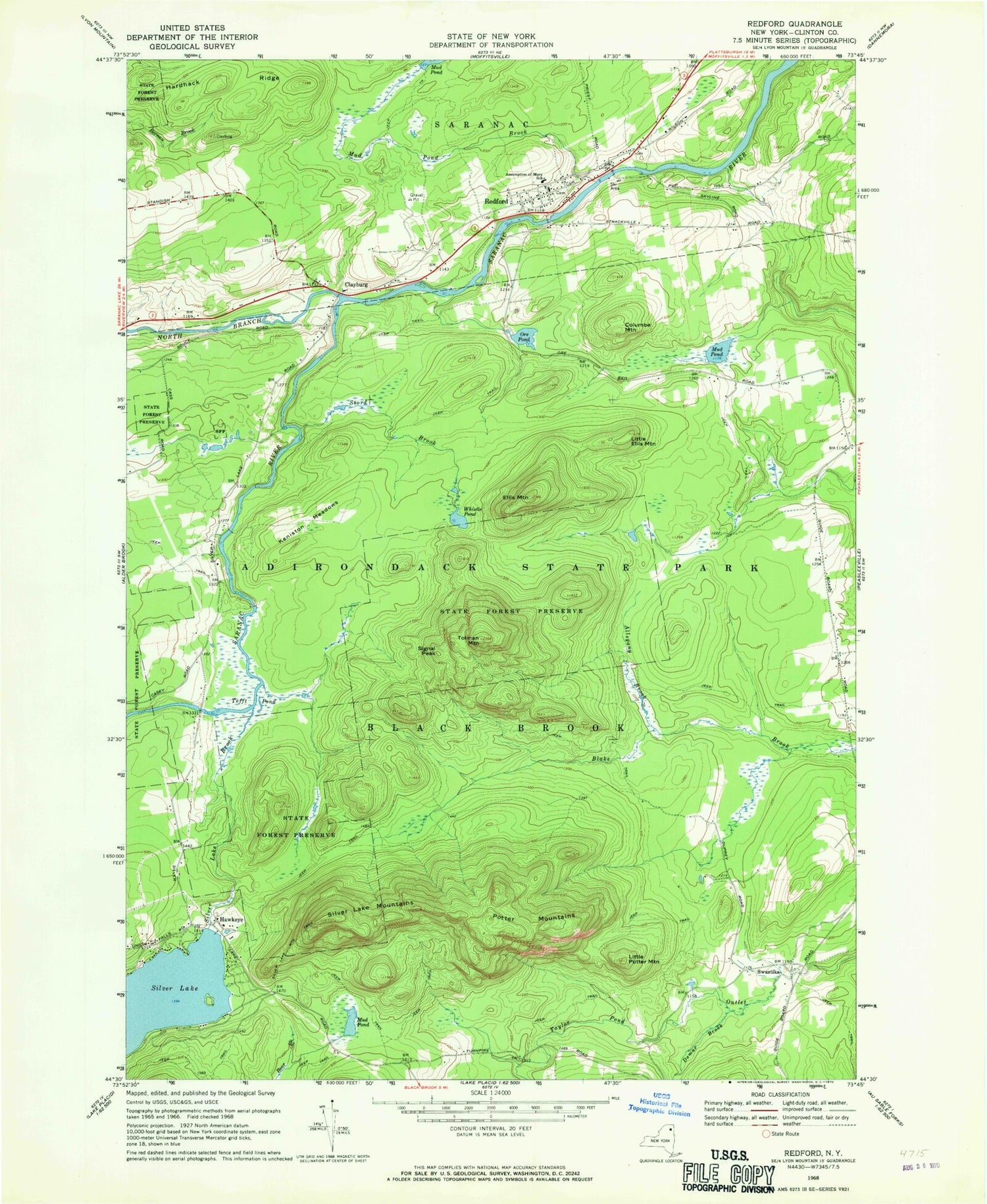 Classic USGS Redford New York 7.5'x7.5' Topo Map Image