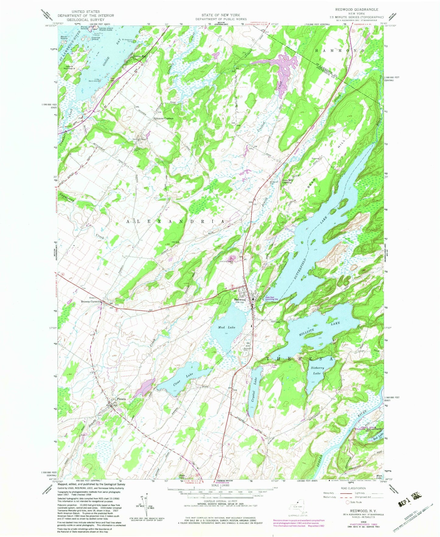 Classic USGS Redwood New York 7.5'x7.5' Topo Map Image